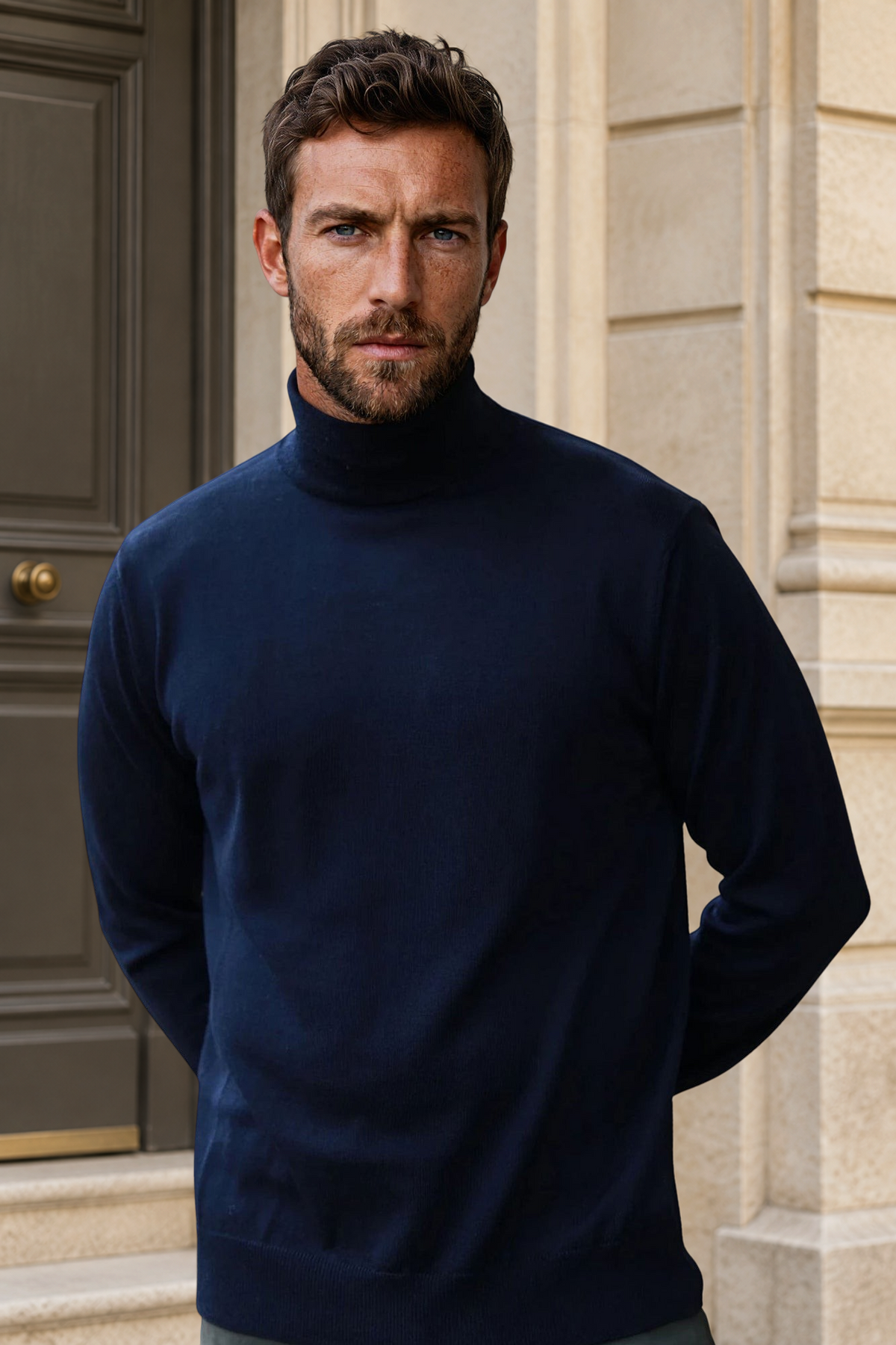 Pull col roulé Yves en laine mérinos - Marine-PULL HOMME-Curling-Paris