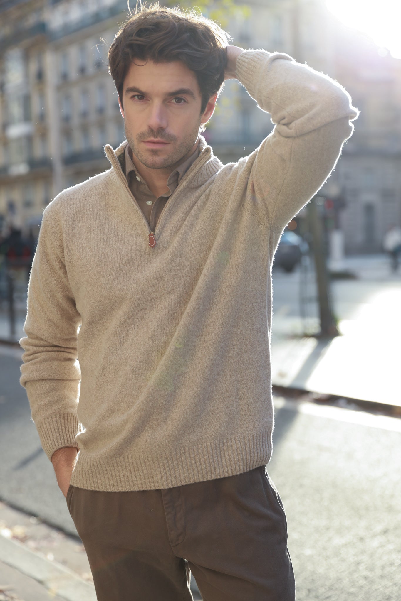 Pull col zippé Jude en Laine d’agneau - Beige-PULL HOMME-Curling-Paris