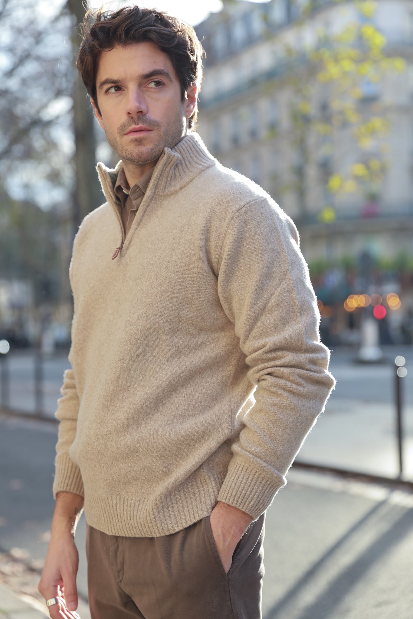 Pull col zippé Jude en Laine d’agneau - Beige-PULL HOMME-Curling-Paris