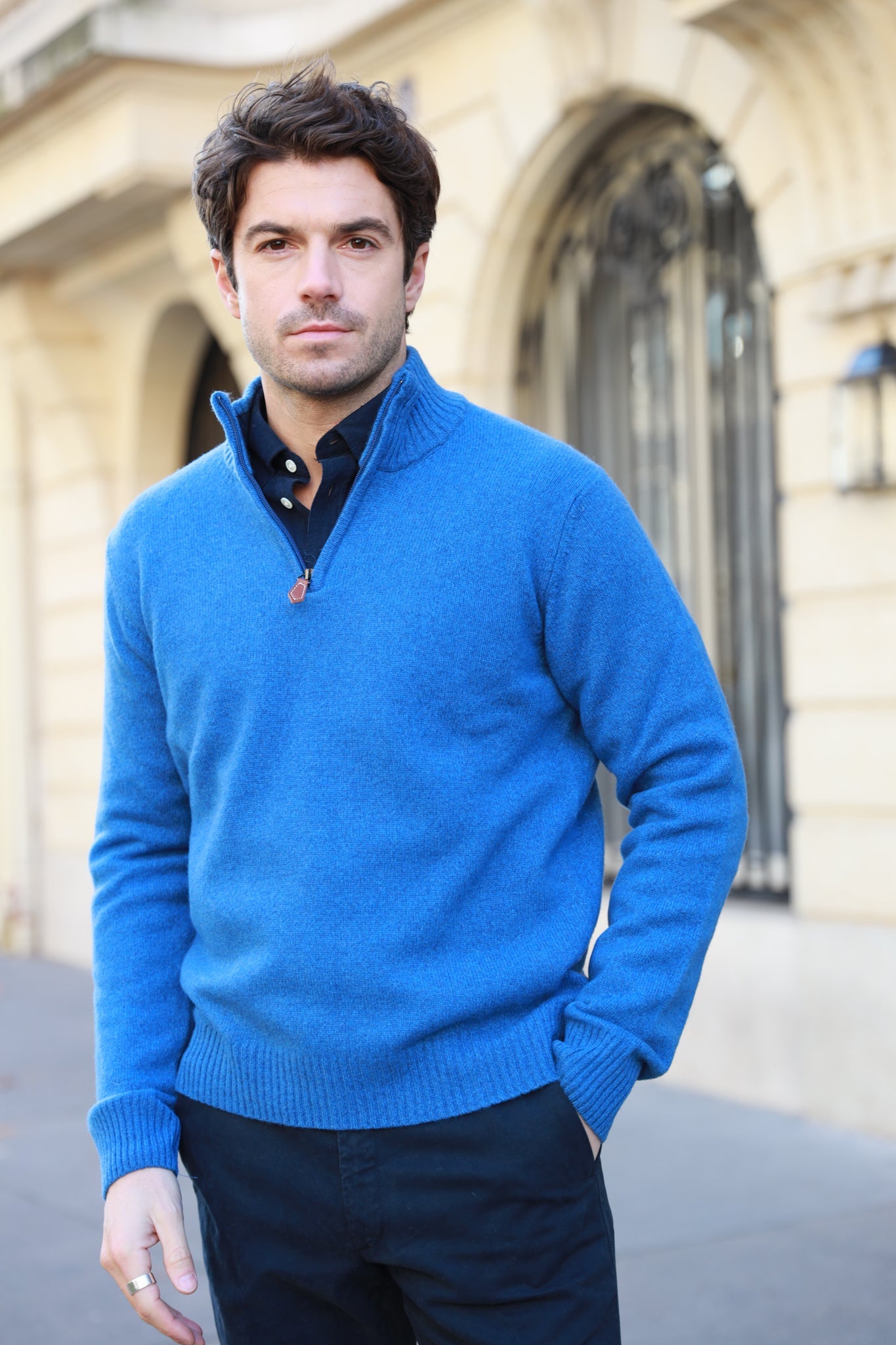 Pull col zippé Jude en Laine d’agneau - Denim-PULL HOMME-Curling-Paris