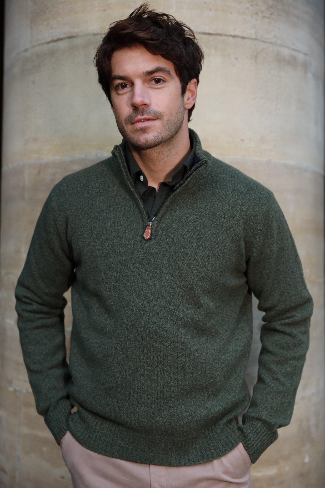 Pull col zippé Jude en Laine d’agneau - Kaki-PULL HOMME-Curling-Paris