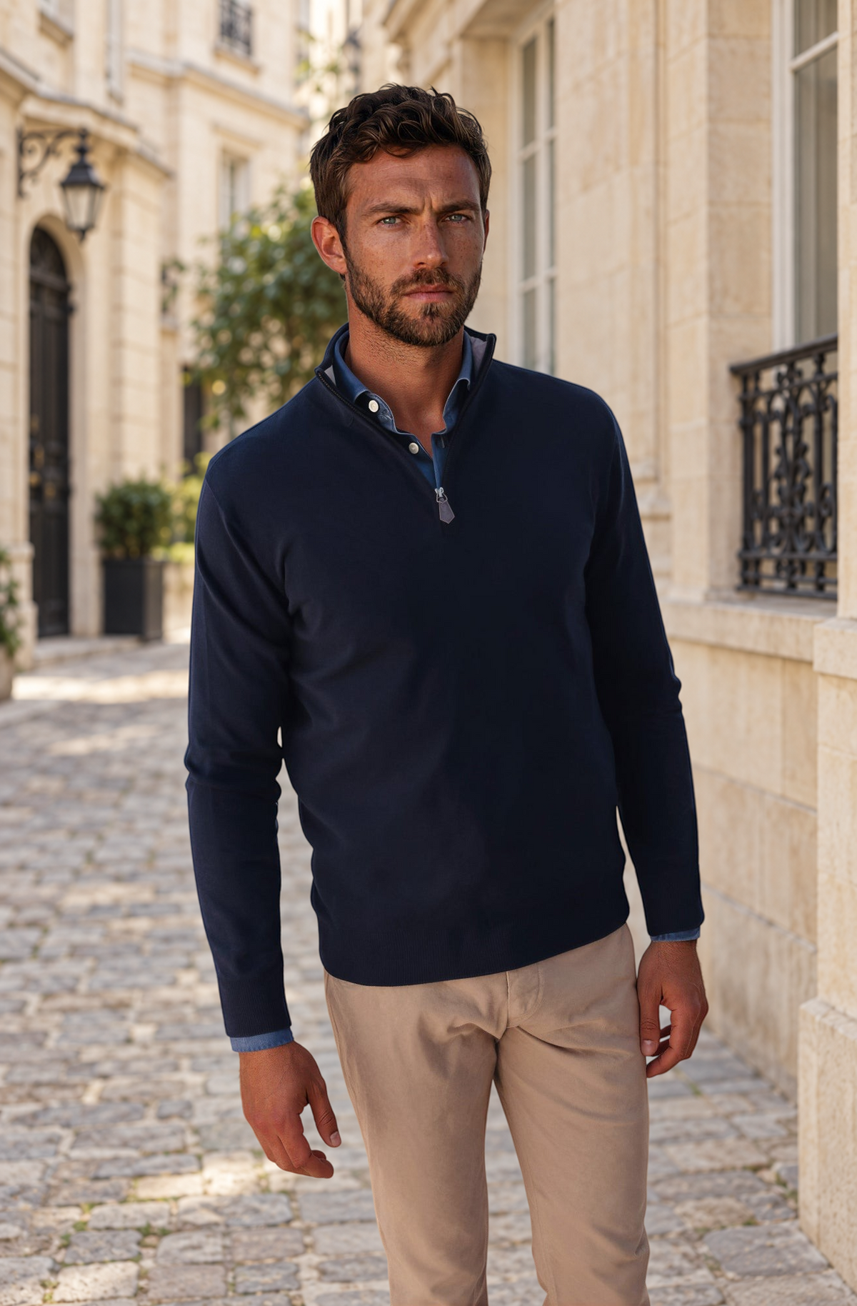 Pull homme Amar col zippé 100% cachemire – Marine-PULL HOMME-Curling-Paris