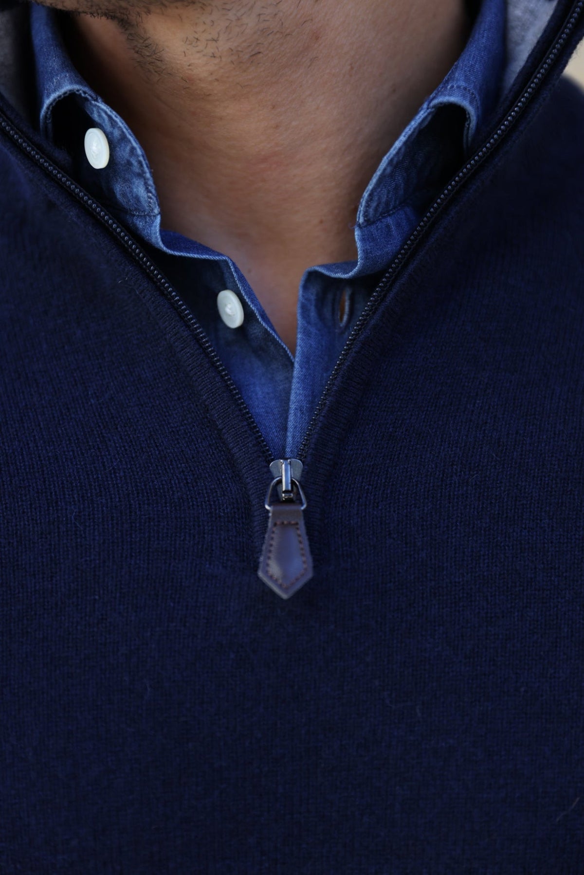 Pull homme Amar col zippé 100% cachemire – Marine-PULL HOMME-Curling-Paris
