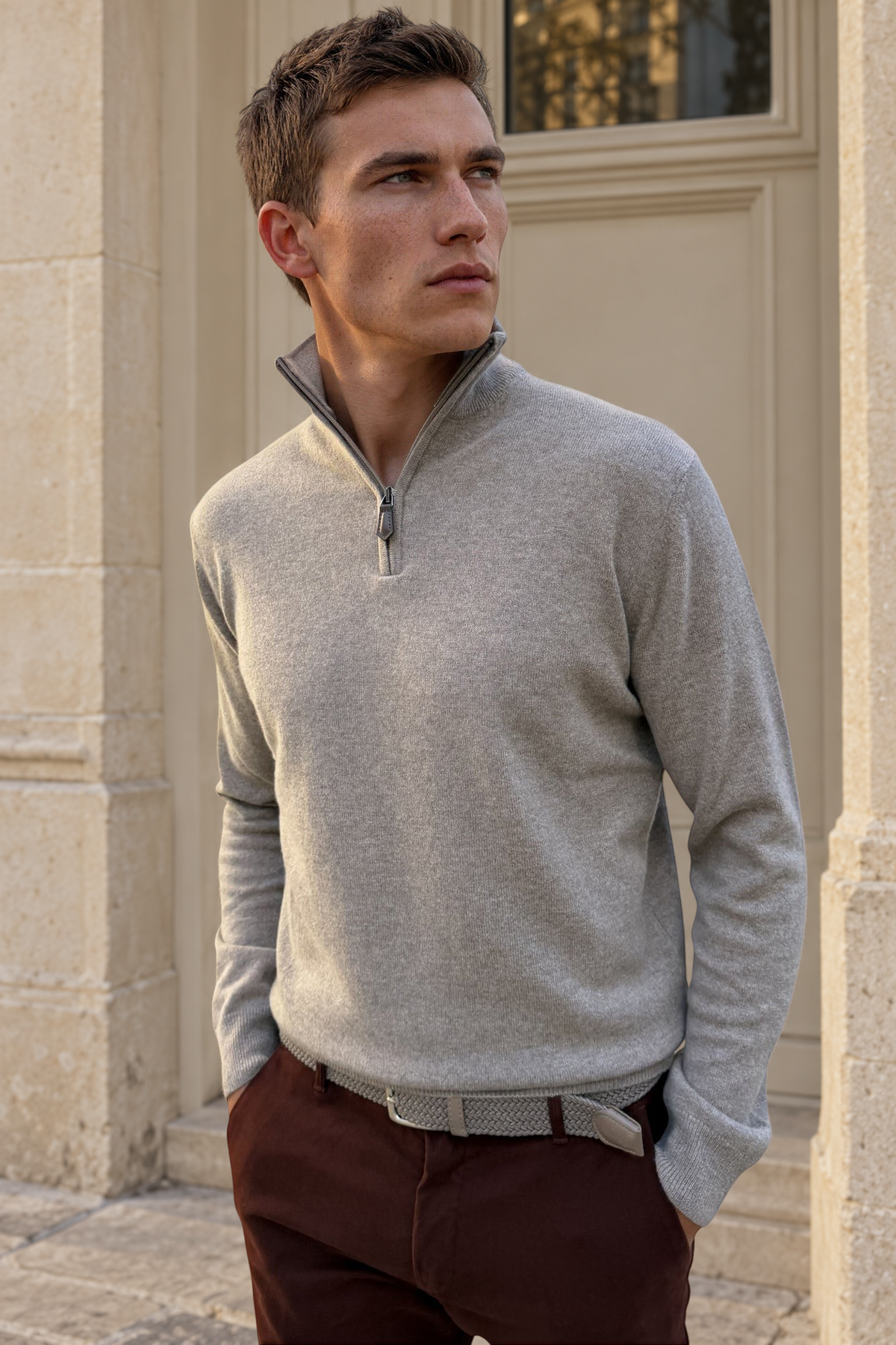 Pull homme Amar col zippé 100% cachemire – Taupe-PULL HOMME-Curling-Paris