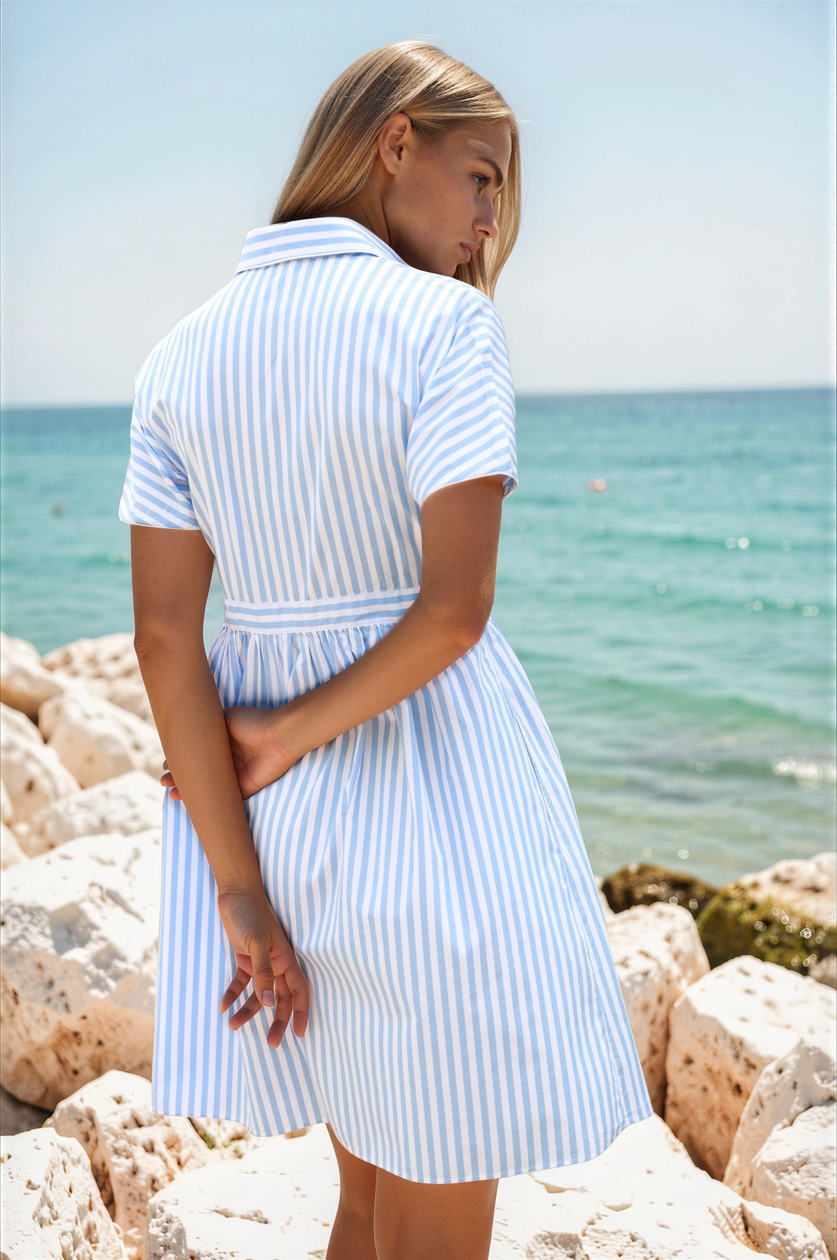 Robe Rosa en coton - Bâton ciel & blanc-ROBE FEMME-Curling-Paris
