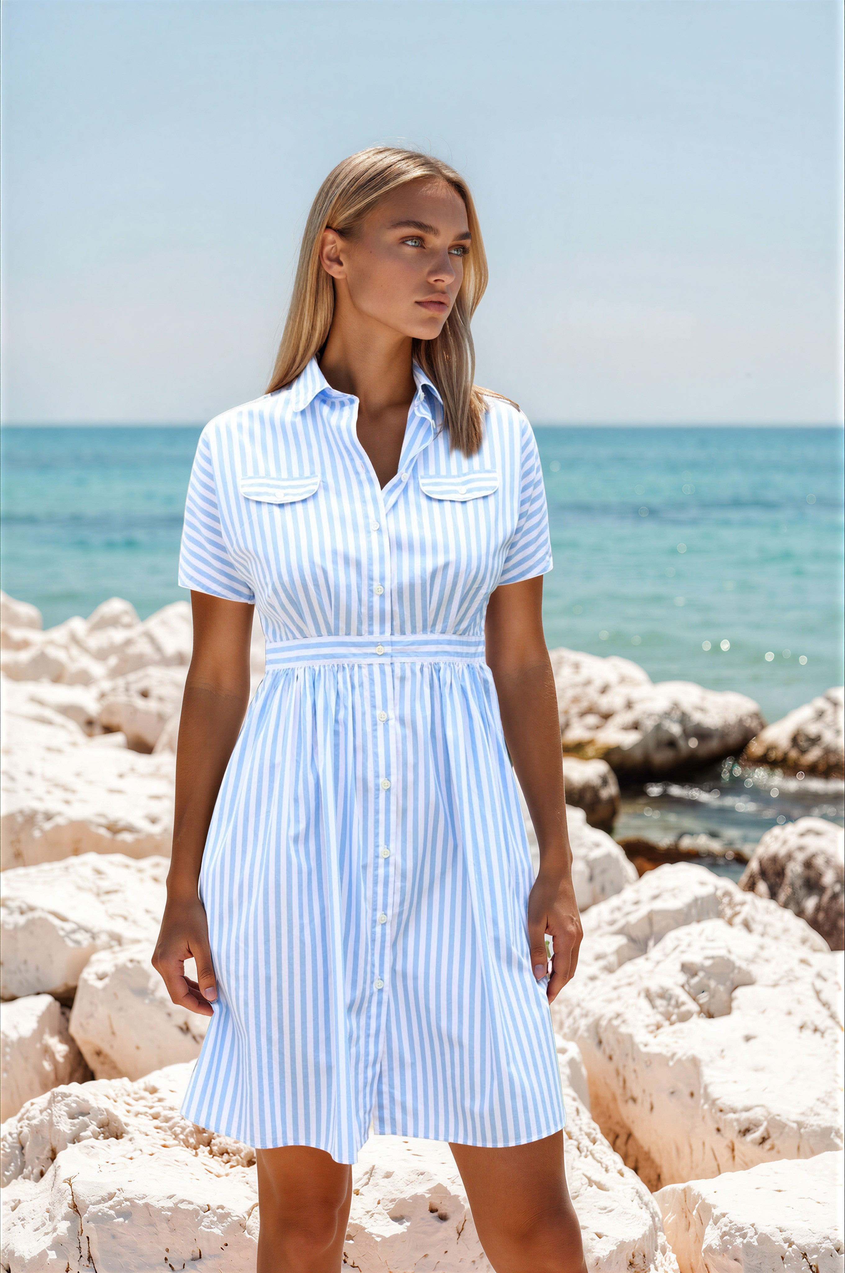 Robe Rosa en coton - Bâton ciel & blanc-ROBE FEMME-Curling-Paris