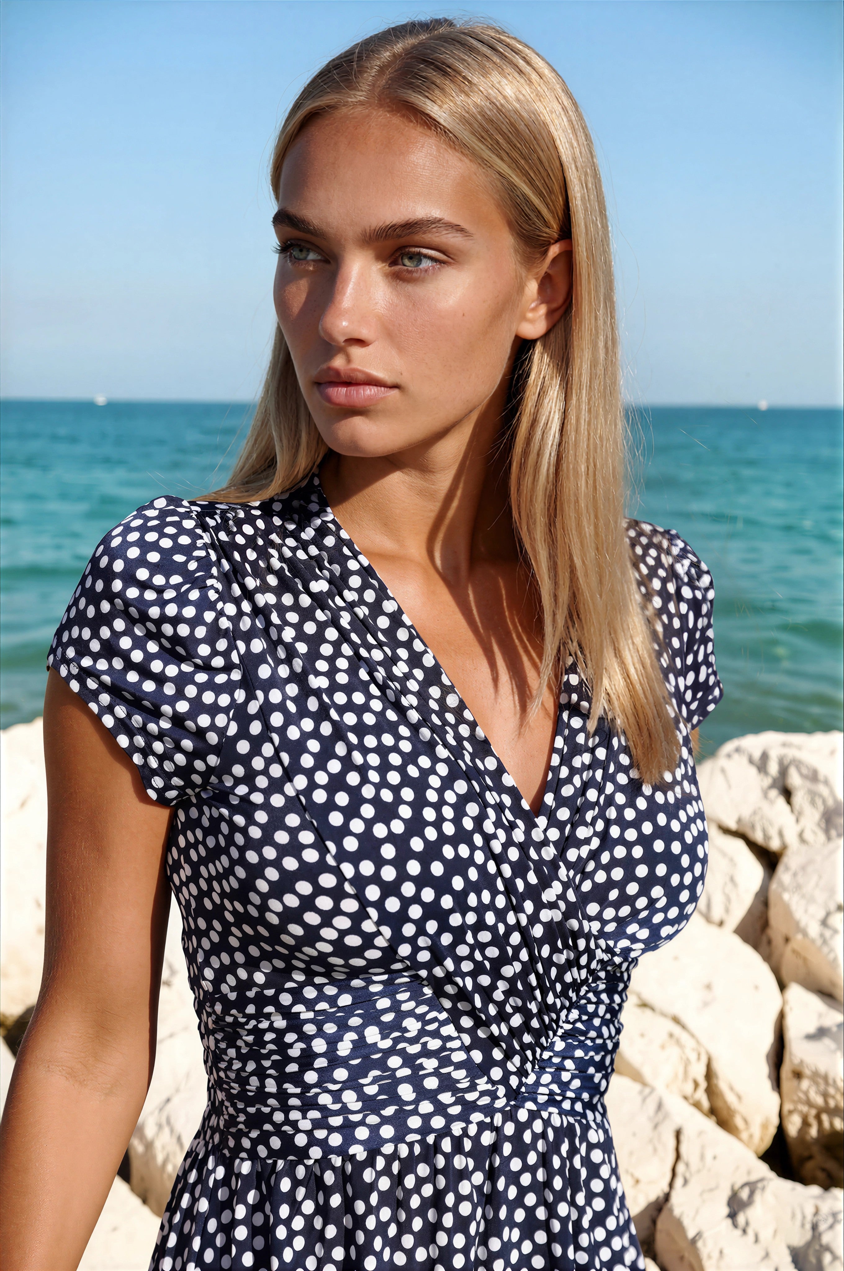Robe Vogue infroissable - Pois Marine-ROBE FEMME-Curling-Paris