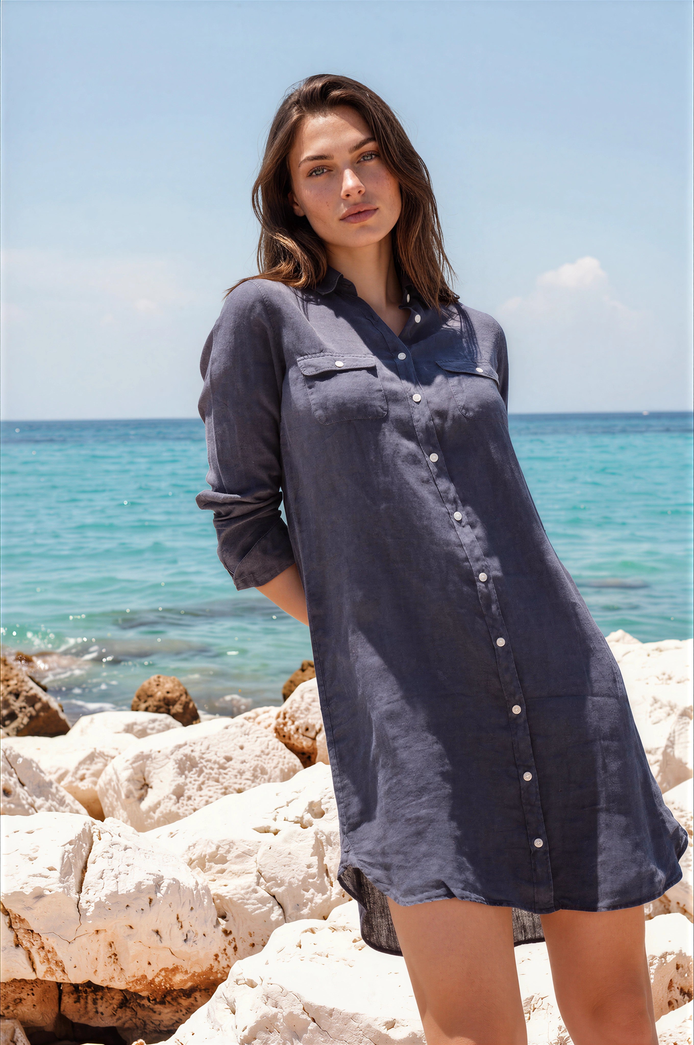 Robe chemisier June en lin - Marine-ROBE FEMME-Curling-Paris