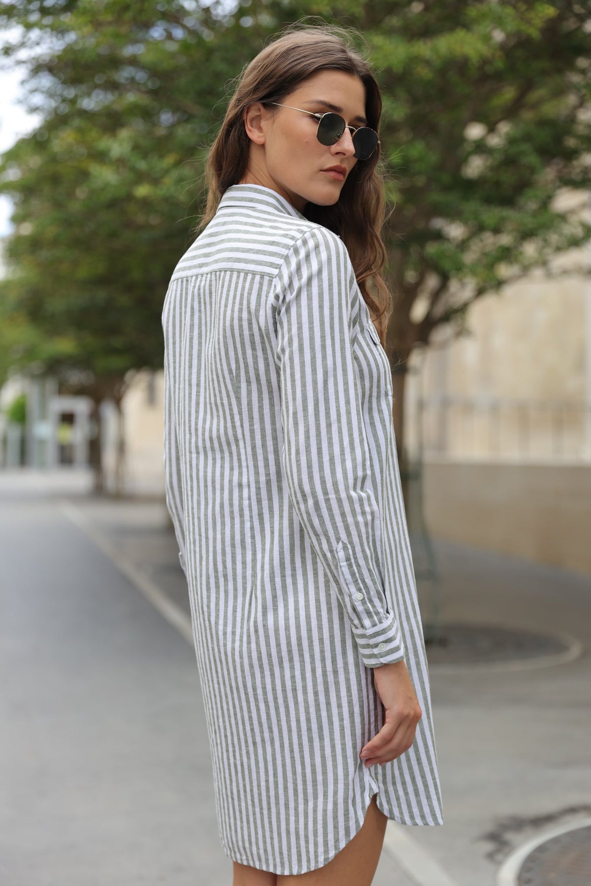 striped shirt dress long sleeve Women's casual chic linen with khaki stripes Size:4XL (20-20 1/2) 36/37 lae ahi li lauhala Mauve Dress - Embroidered