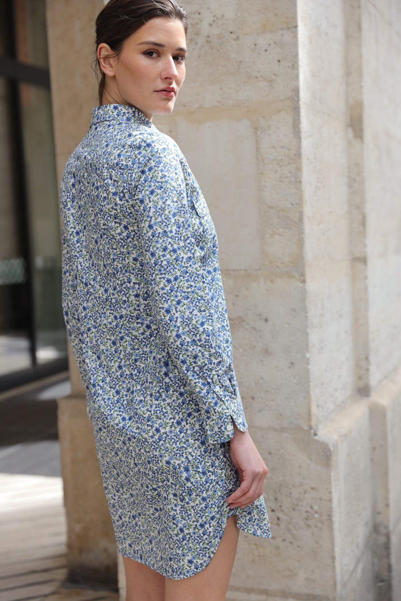 Robe chemisier Rania en coton - Fleurs bleu