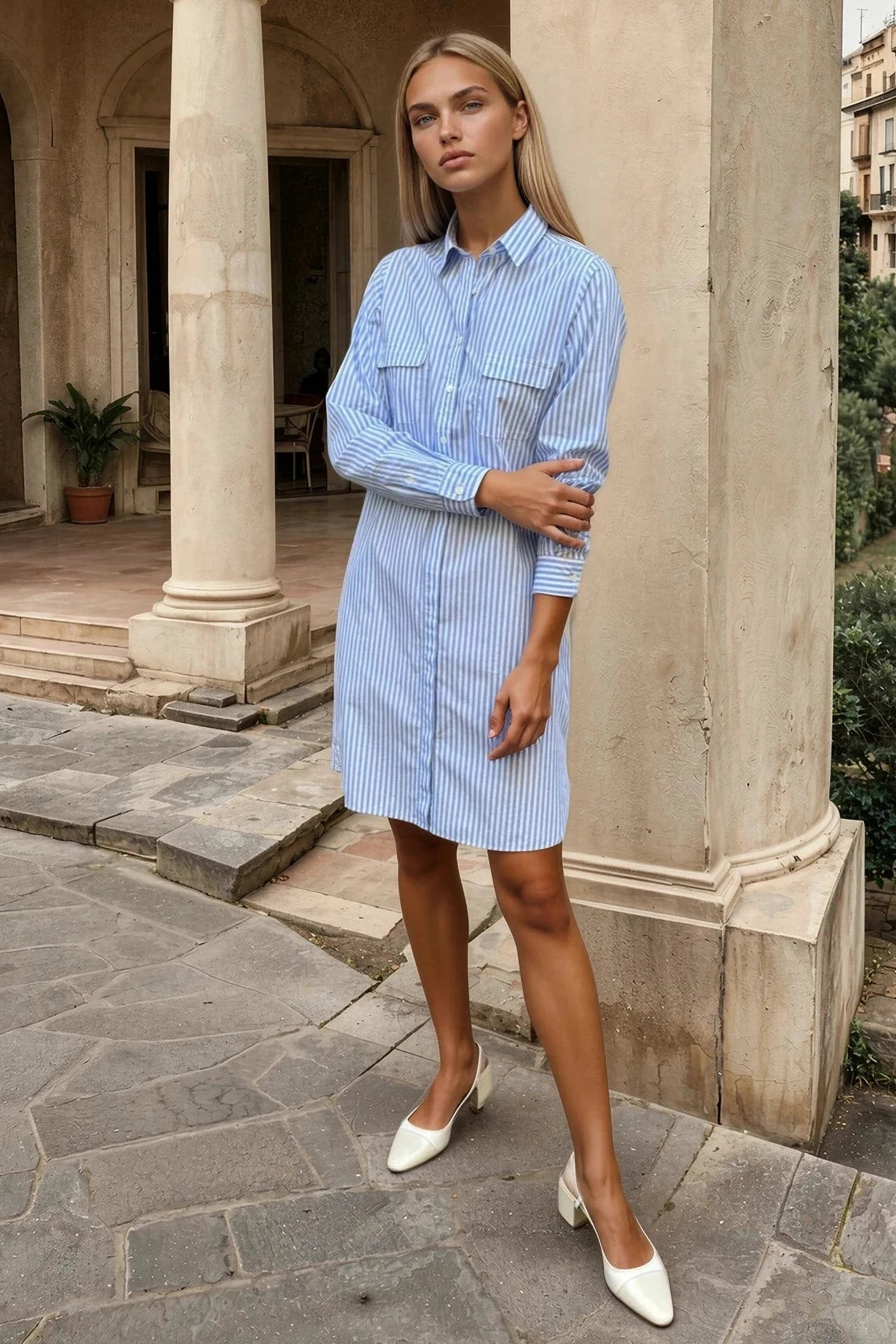 Robe chemisier Rania en coton à rayures - Bleu ciel-ROBE FEMME-Curling-Paris