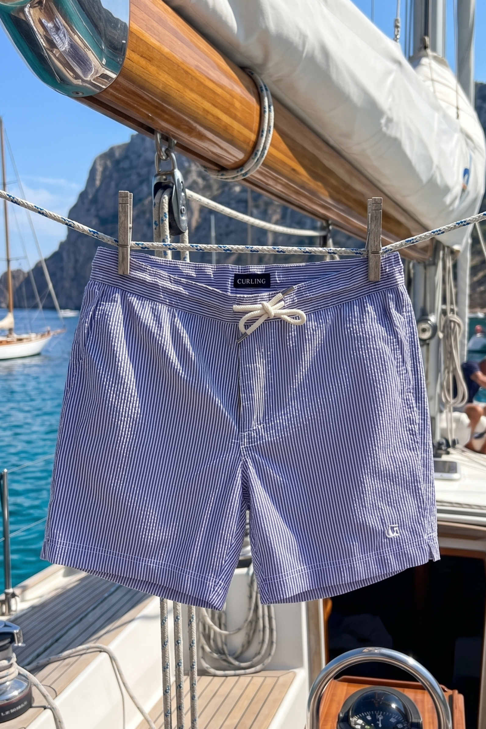 Short de bain en seersucker - Rayé bleu-MAILLOT DE BAIN HOMME-Curling-Paris