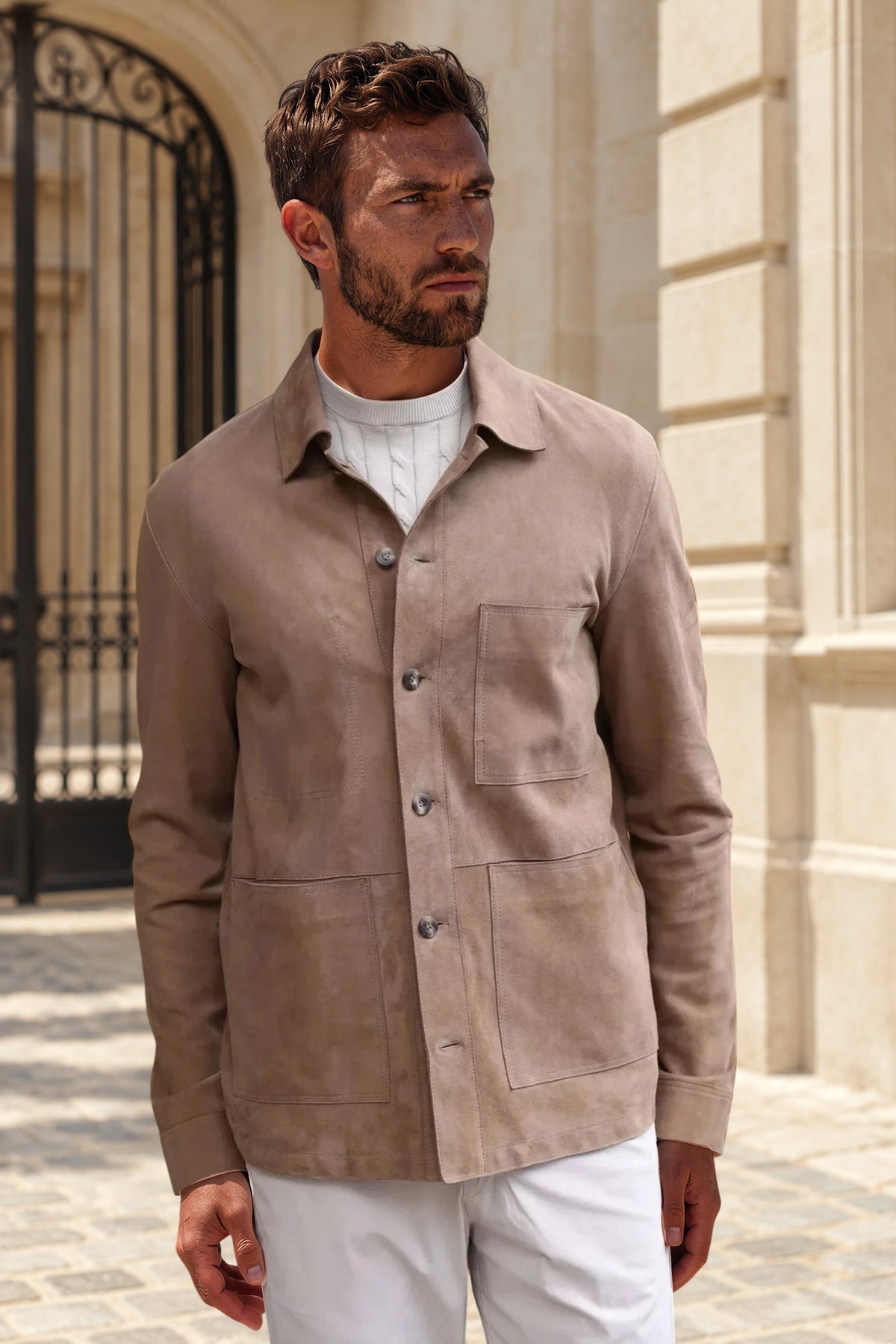 Surchemise Jimmy en chèvre velours - Taupe-MANTEAU HOMME-Curling-Paris