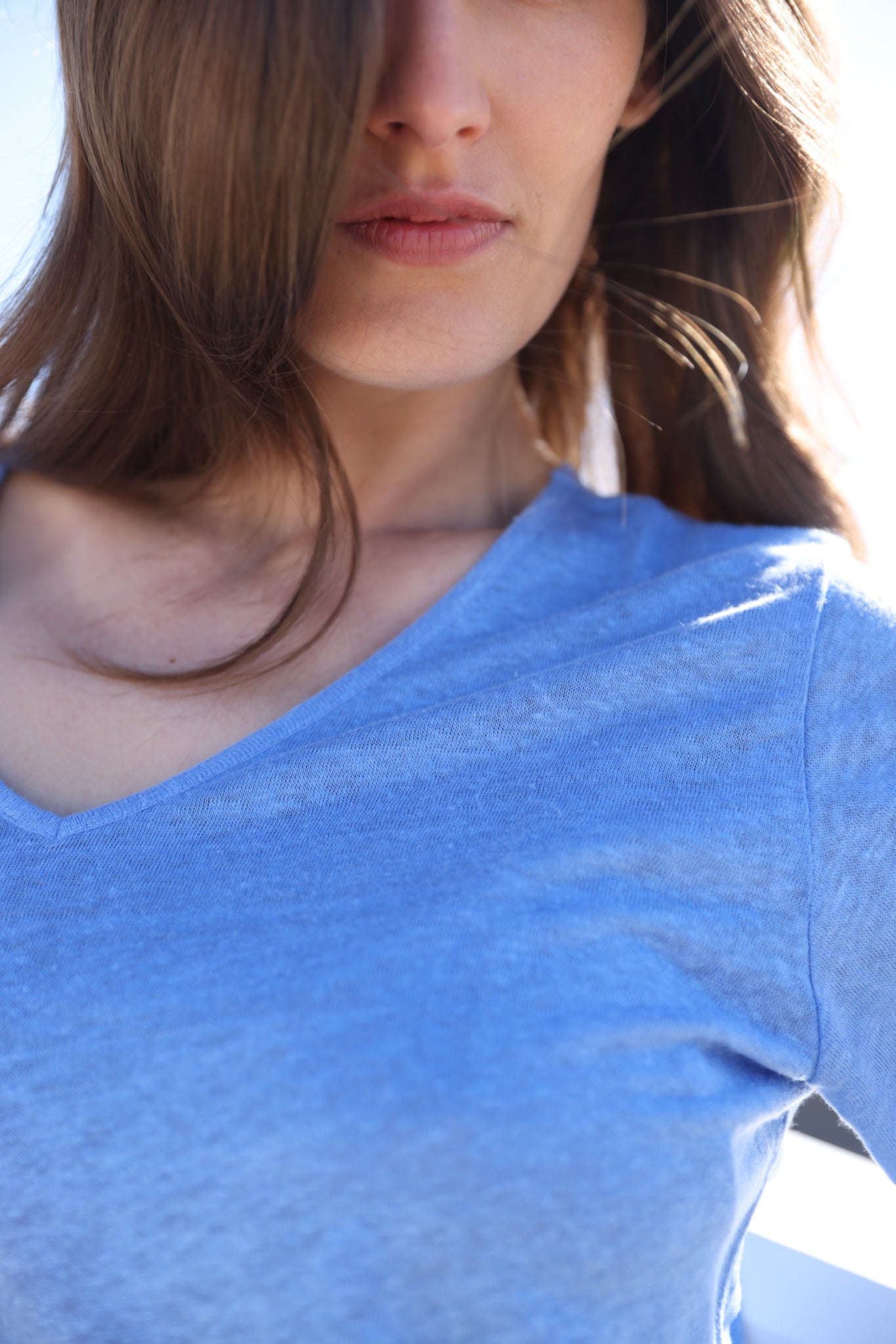 T-shirt col v en lin - Azur-T-SHIRT FEMME-Curling-Paris