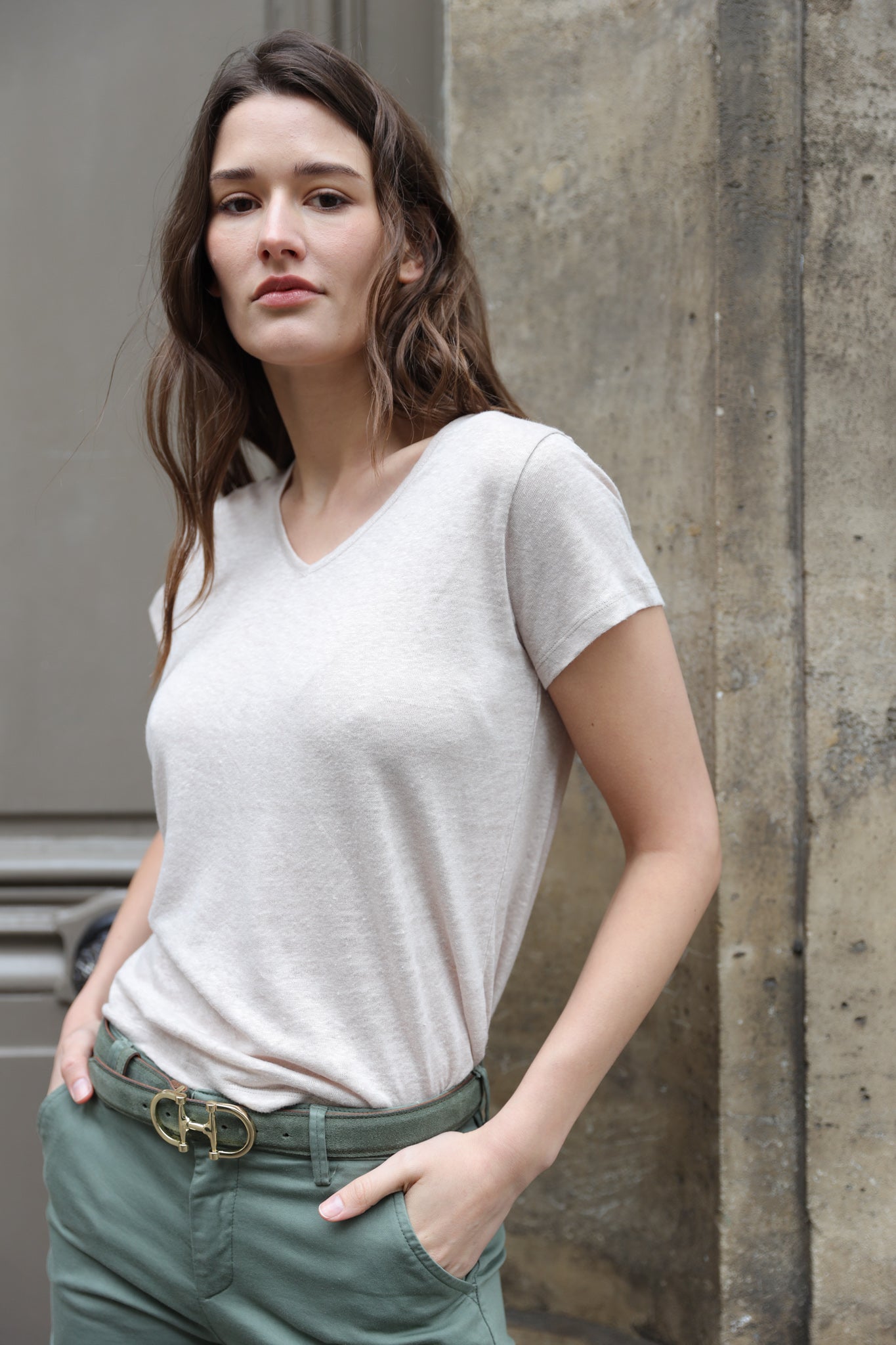 T-shirt col v en lin - Beige