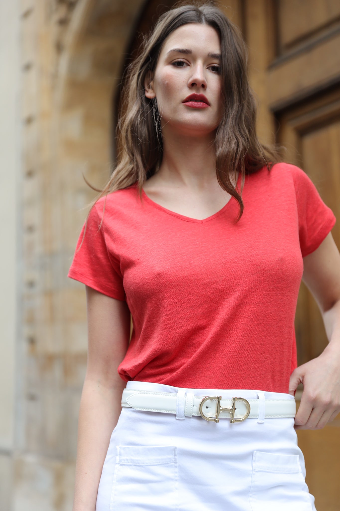 T-shirt col v en lin - Rouge