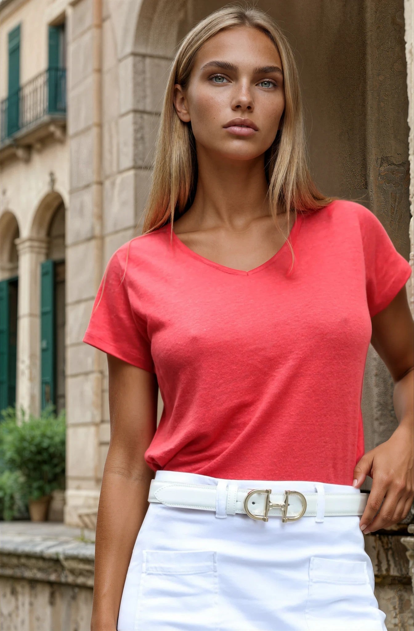 T-shirt col v en lin - Rouge-T-SHIRT FEMME-Curling-Paris