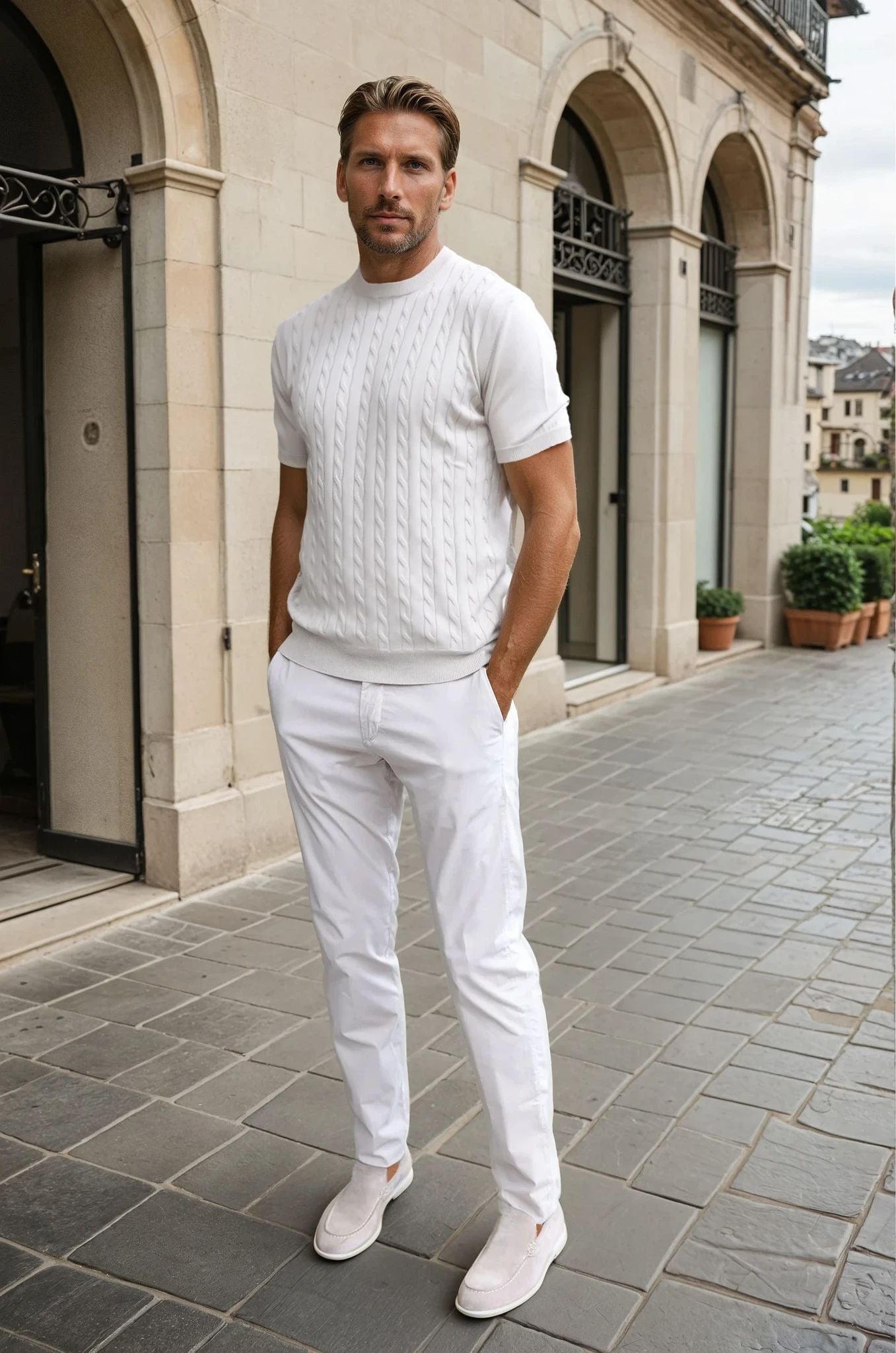 T-shirt en maille Gege col rond à torsades en coton - Beige-PULL HOMME-Curling-Paris