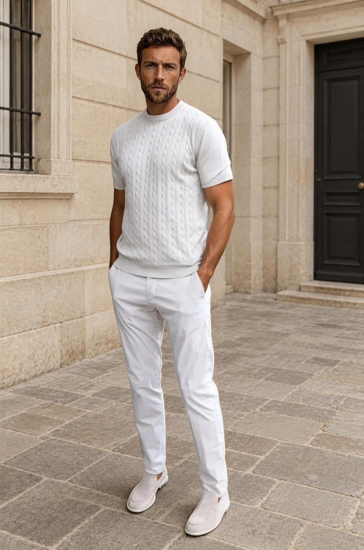 T-shirt en maille Gege col rond à torsades en coton - Beige-PULL HOMME-Curling-Paris