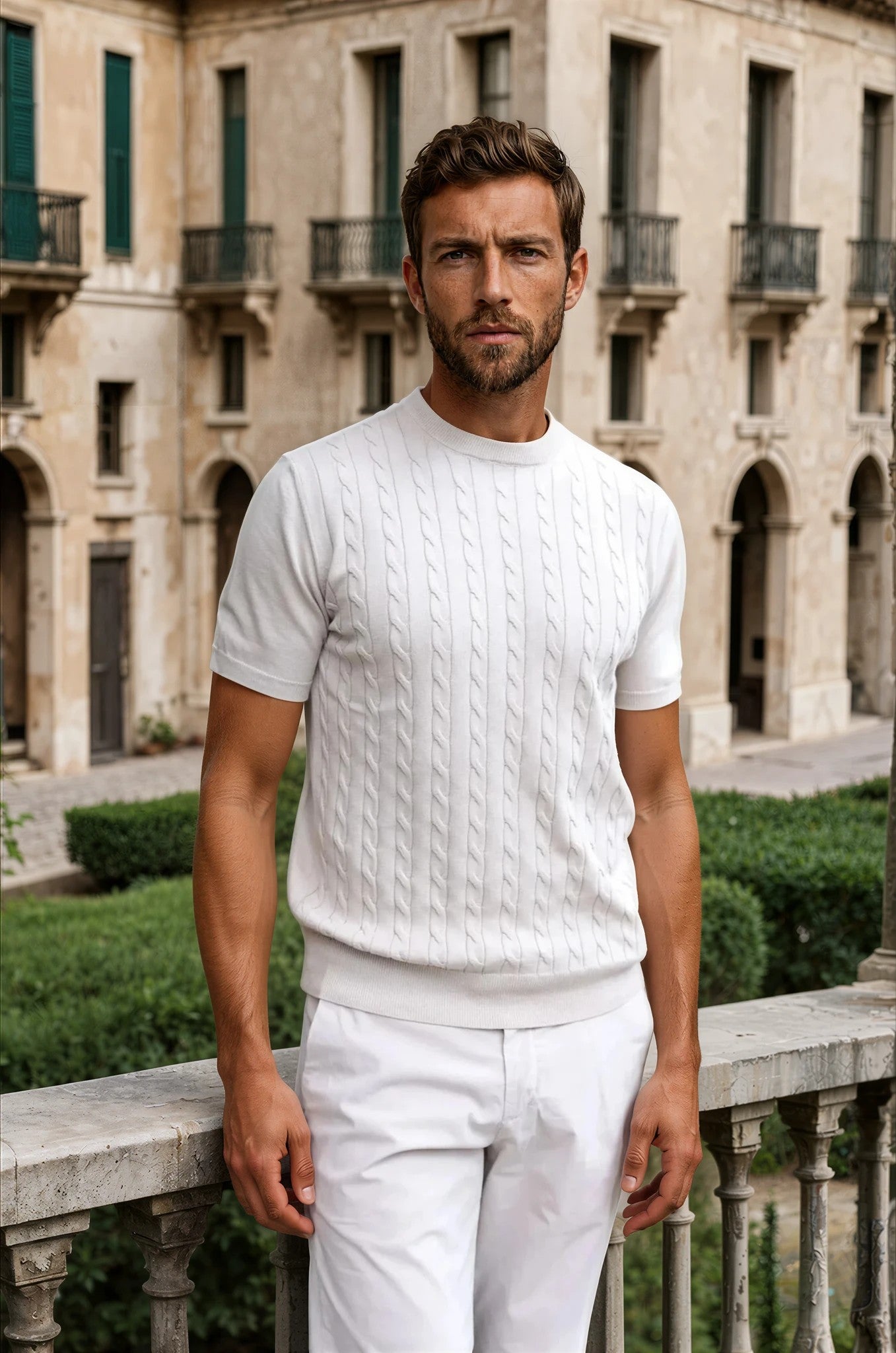T-shirt en maille Gege col rond à torsades en coton - Beige-PULL HOMME-Curling-Paris