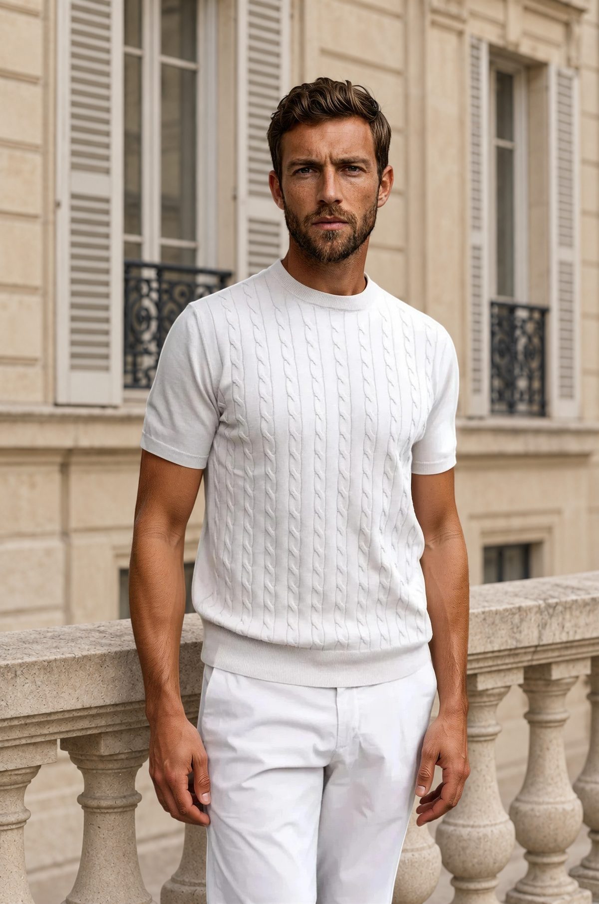 T-shirt en maille Gege col rond à torsades en coton - Beige-PULL HOMME-Curling-Paris