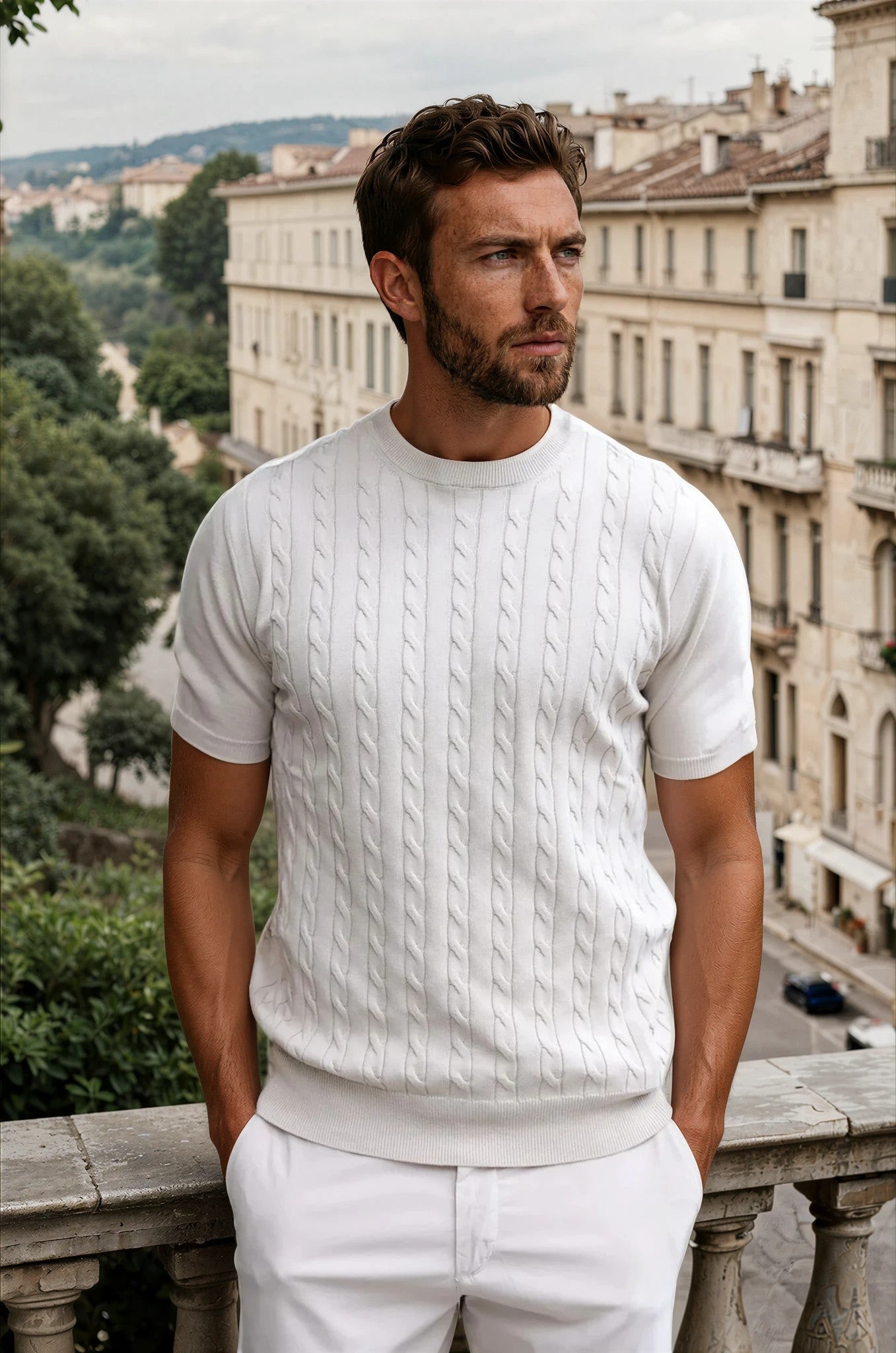 T-shirt en maille Gege col rond à torsades en coton - Beige-PULL HOMME-Curling-Paris