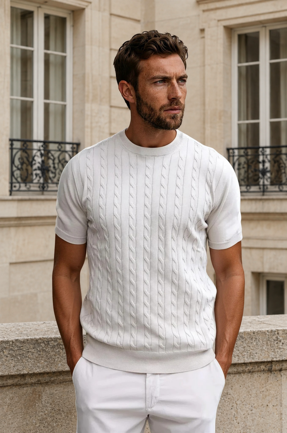 T-shirt en maille Gege col rond à torsades en coton - Beige-PULL HOMME-Curling-Paris