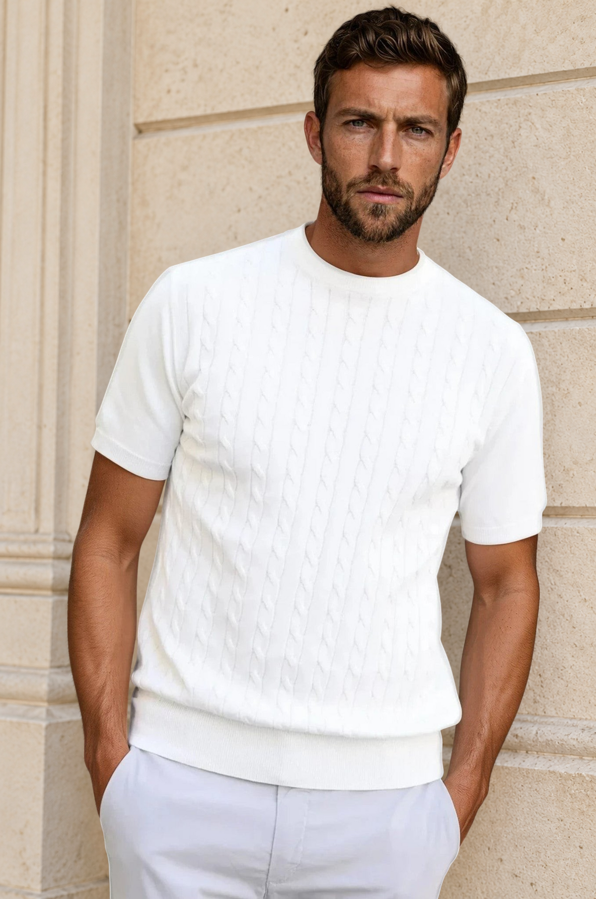 T-shirt en maille Gege col rond à torsades en coton - Ecru-PULL HOMME-Curling-Paris