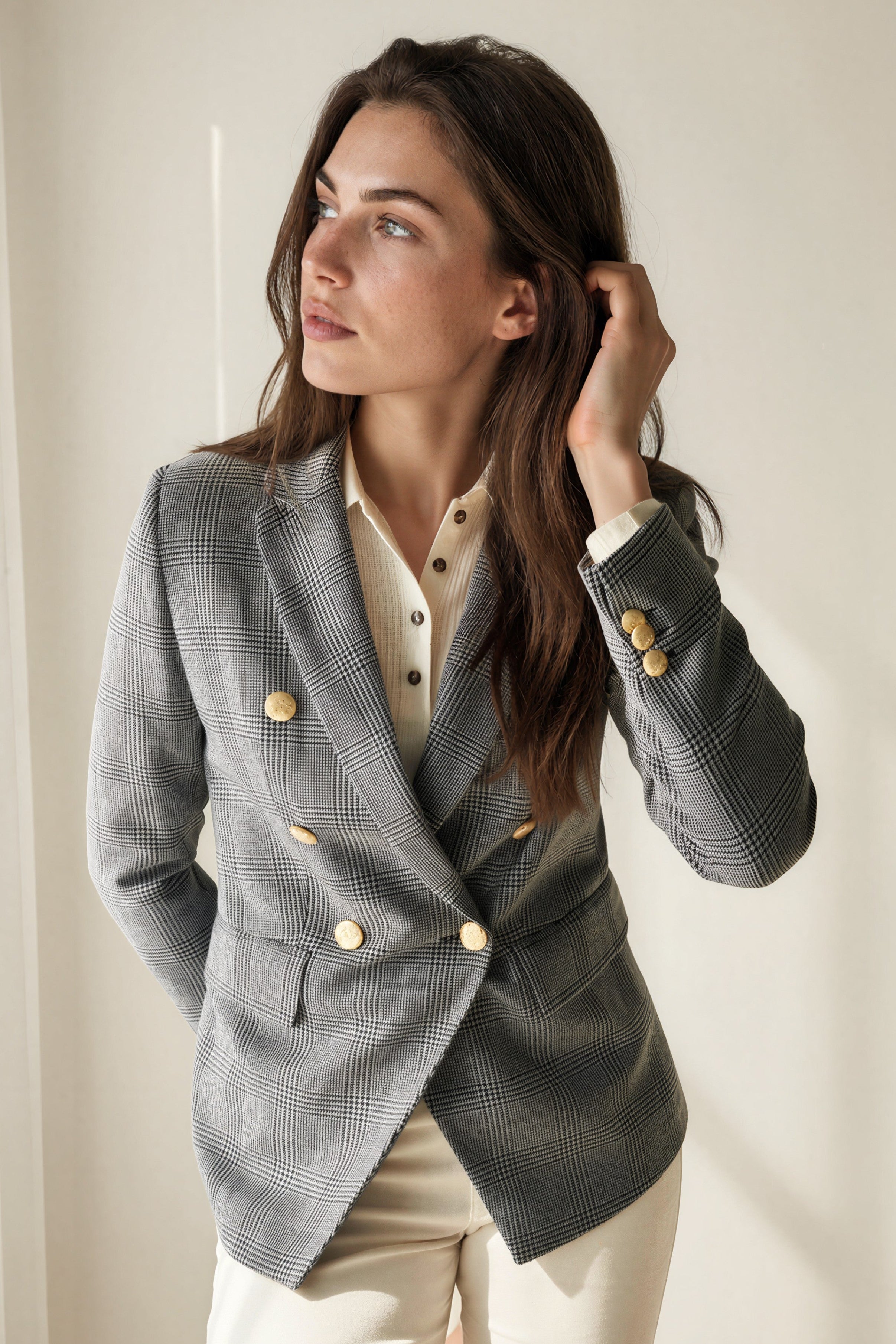 Vest Brigitte en laine - Prince de galles bleu-VESTE BLAZER FEMME-Curling-Paris