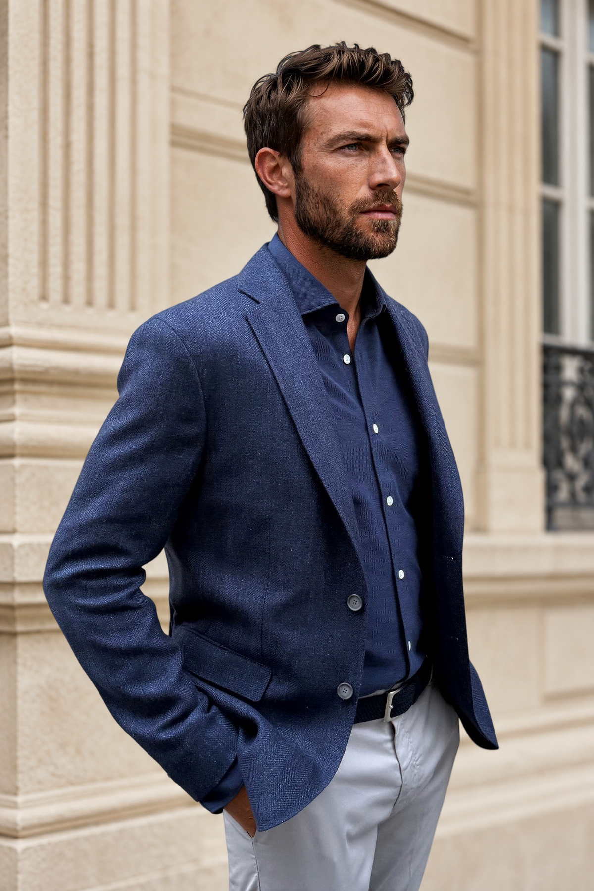 Veste Giorgio en laine et lin à Grands chevrons - Jeans-VESTE BLAZER HOMME-Curling-Paris