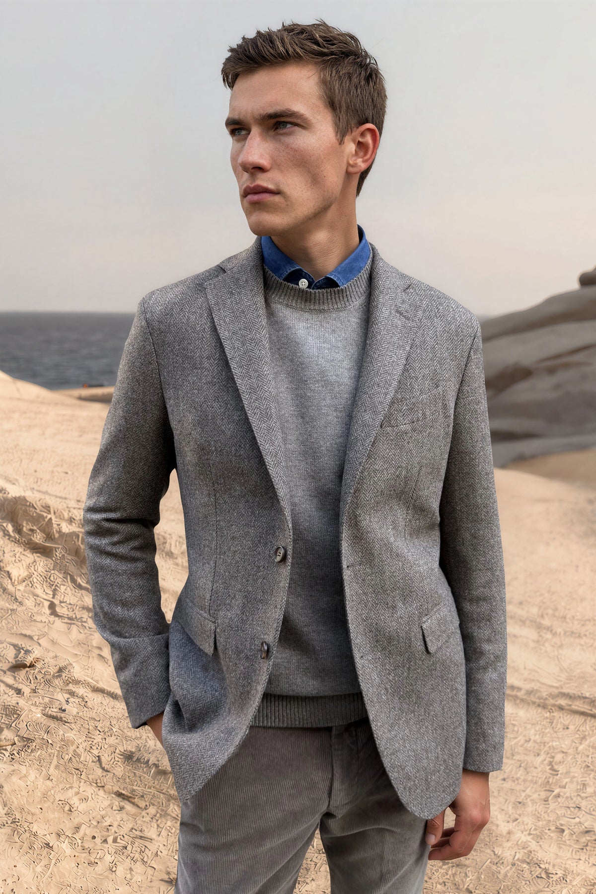 Veste Giorgio en laine vierge Bottoli à chevrons - Taupe-VESTE BLAZER HOMME-Curling-Paris