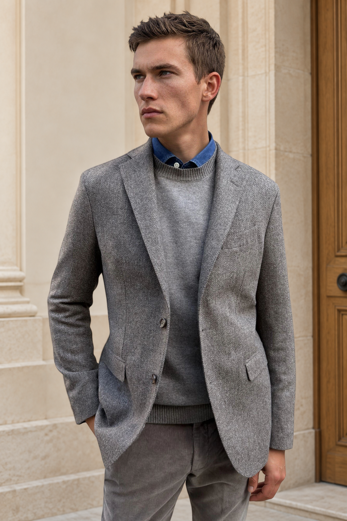 Veste Giorgio en laine vierge Bottoli à chevrons - Taupe-VESTE BLAZER HOMME-Curling-Paris