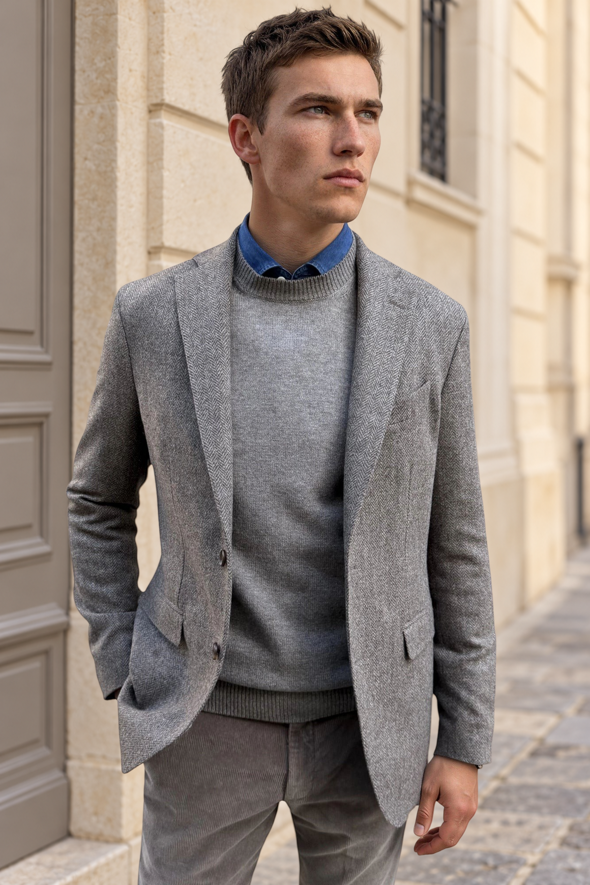 Veste Giorgio en laine vierge Bottoli à chevrons - Taupe-VESTE BLAZER HOMME-Curling-Paris