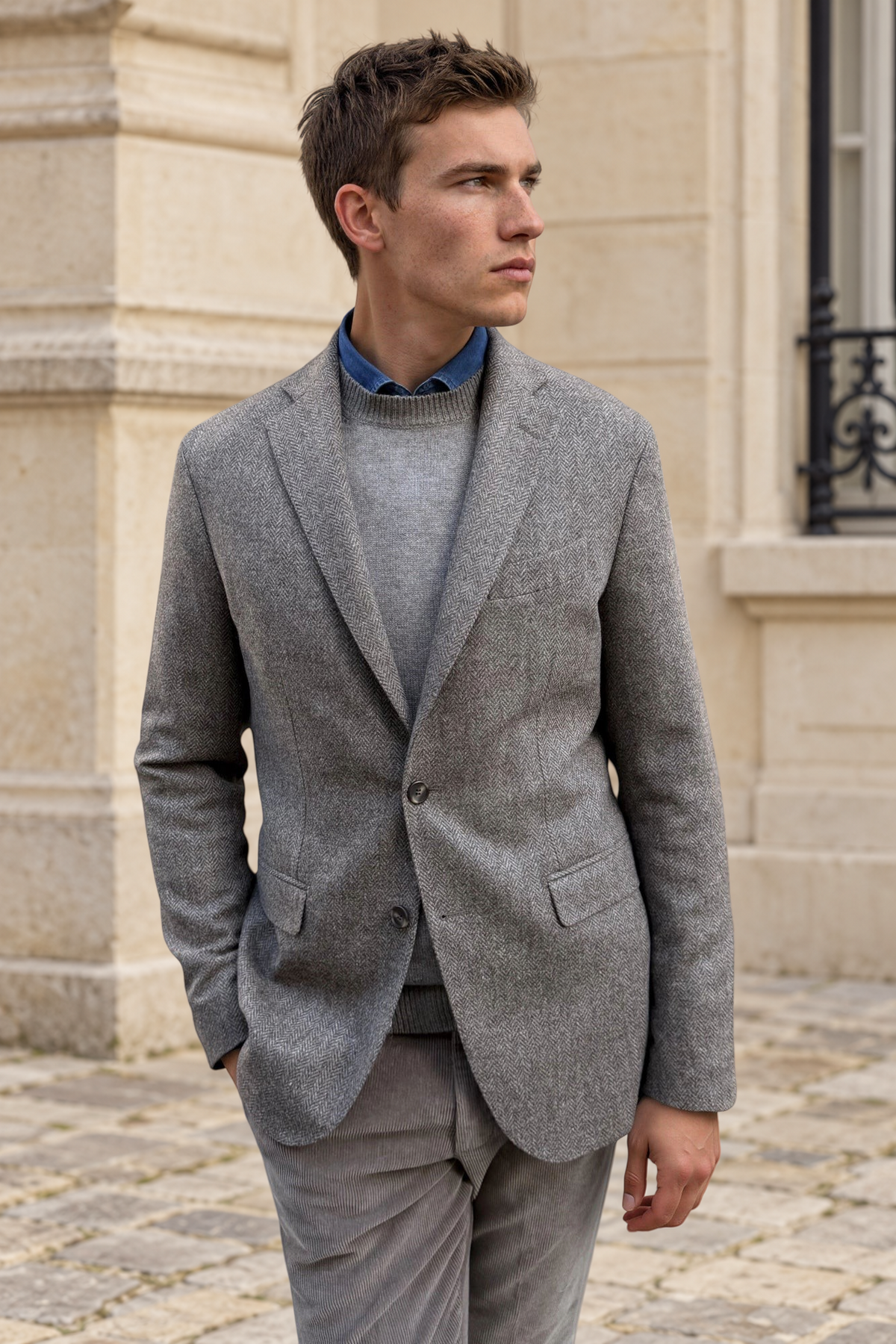 Veste Giorgio en laine vierge Bottoli à chevrons - Taupe-VESTE BLAZER HOMME-Curling-Paris