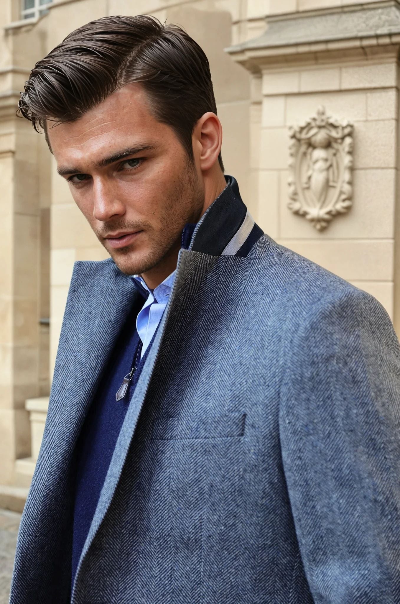 Veste Goal en laine mérinos - Chevron bleu gris-VESTE BLAZER HOMME-Curling-Paris