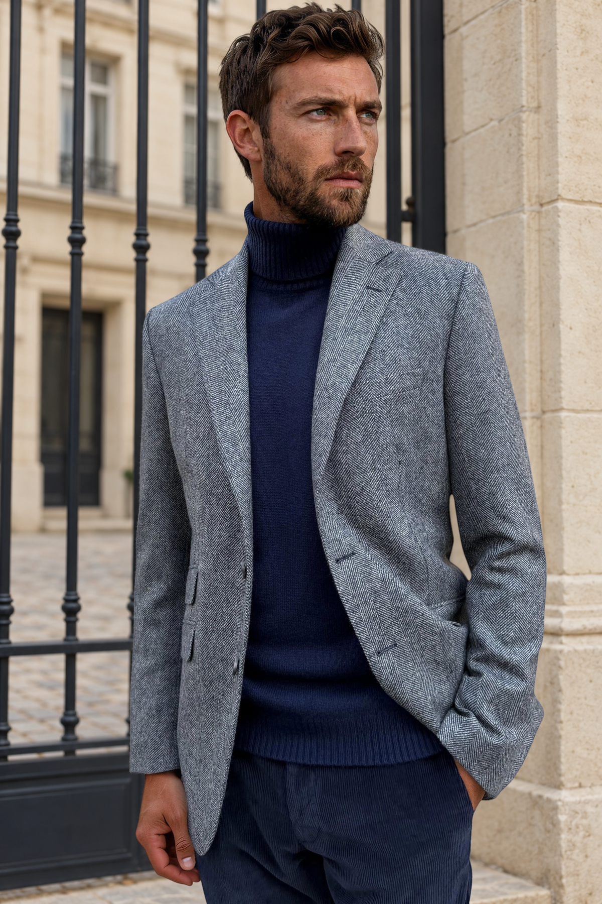 Veste Goal en laine vierge Angelico à chevrons - Jean / Gris-VESTE BLAZER HOMME-Curling-Paris