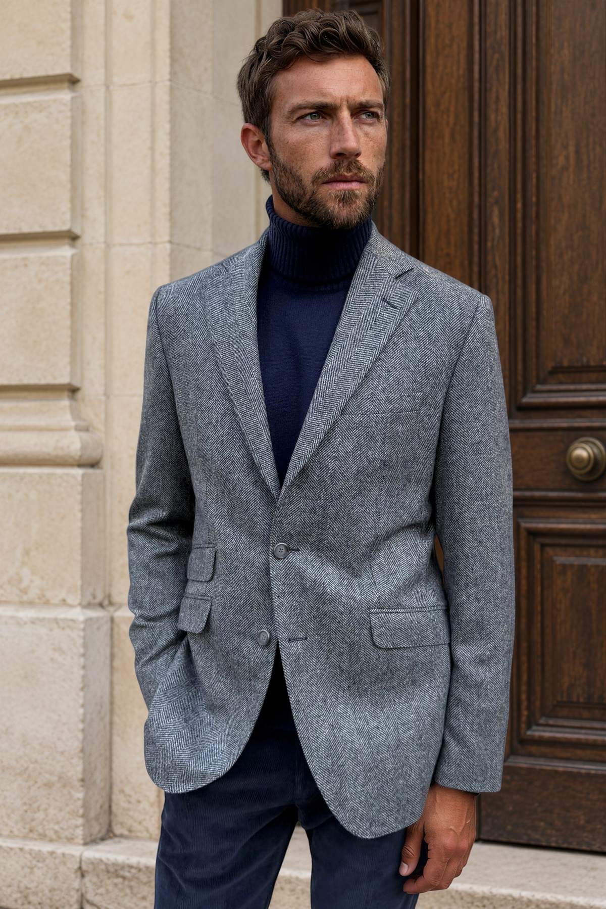 Veste Goal en laine vierge Angelico à chevrons - Jean / Gris-VESTE BLAZER HOMME-Curling-Paris
