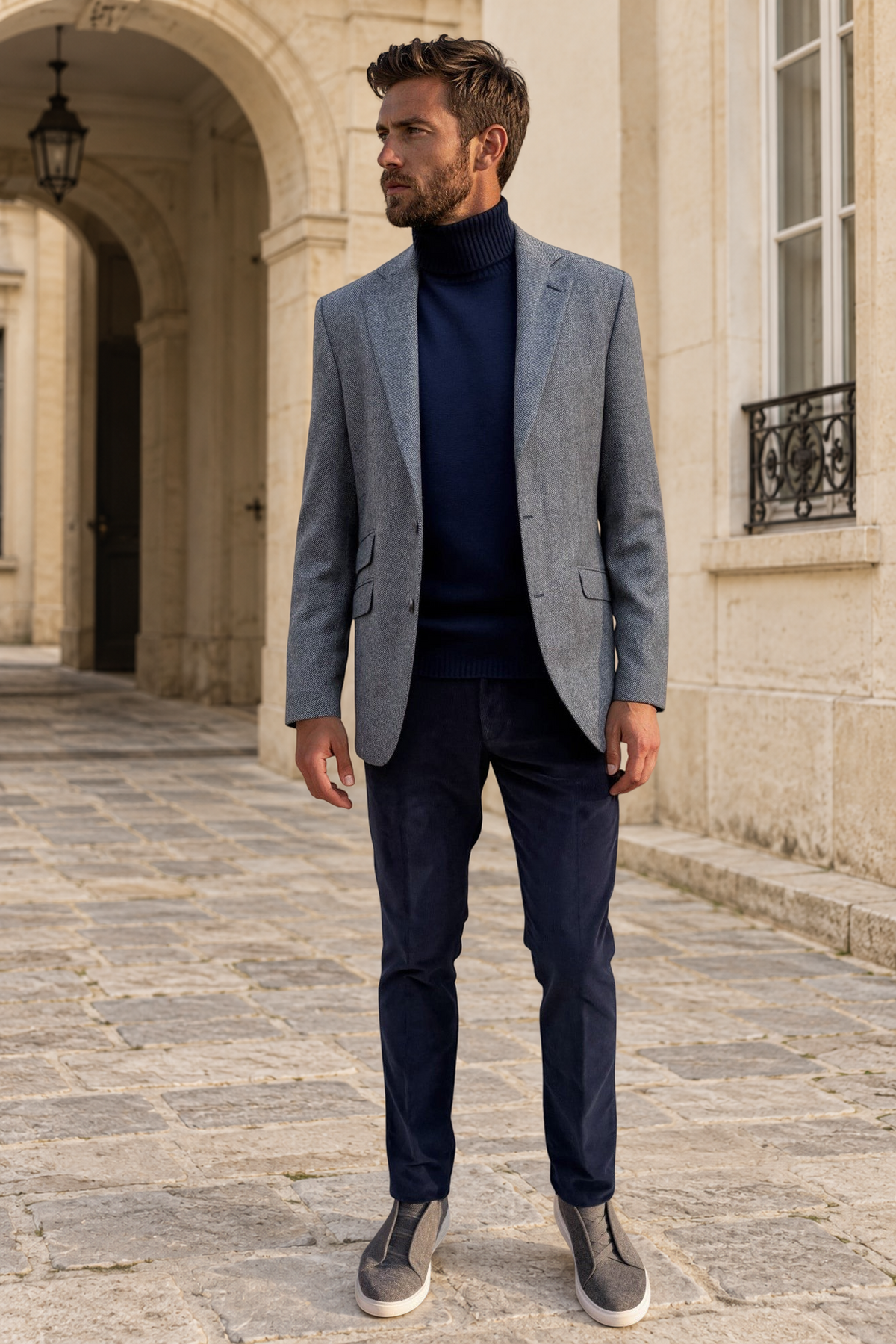 Veste Goal en laine vierge Angelico à chevrons - Jean / Gris-VESTE BLAZER HOMME-Curling-Paris