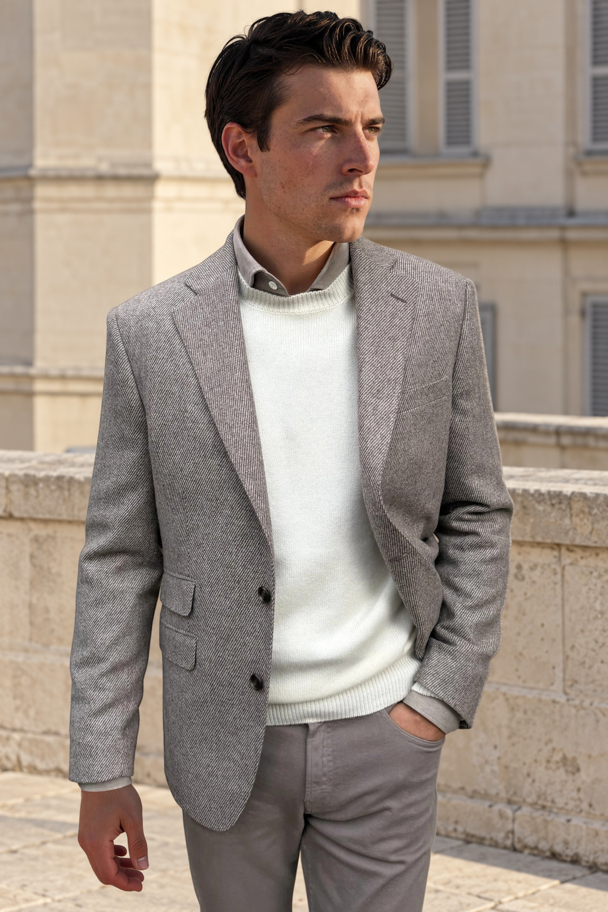 Veste Goal en laine vierge & cachemire Bottoli diagonale - Taupe-VESTE BLAZER HOMME-Curling-Paris