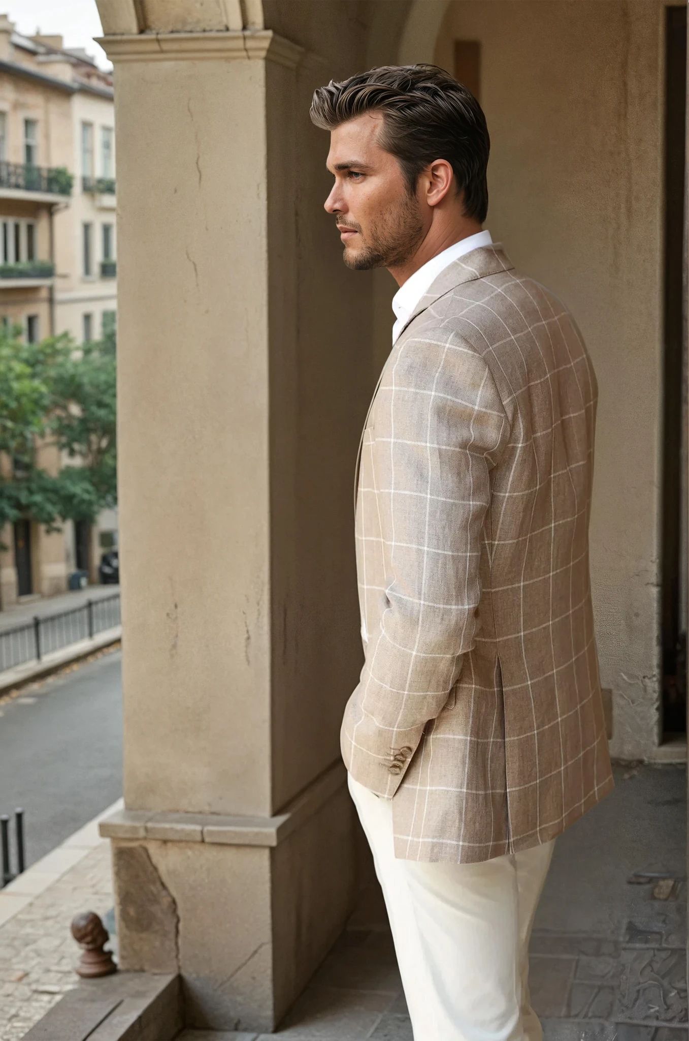 Veste Goal en lin à carreaux Angelico - Beige-VESTE BLAZER HOMME-Curling-Paris