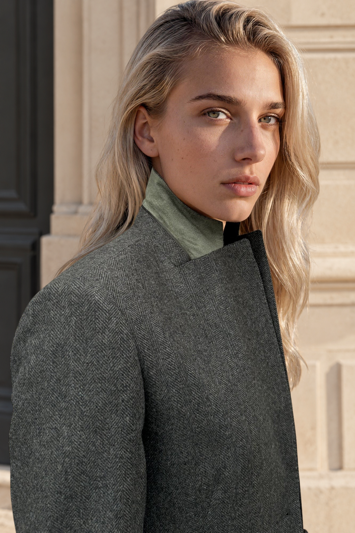 Veste Isabel en laine vierge Angelico à chevrons - Kaki-VESTE BLAZER FEMME-Curling-Paris