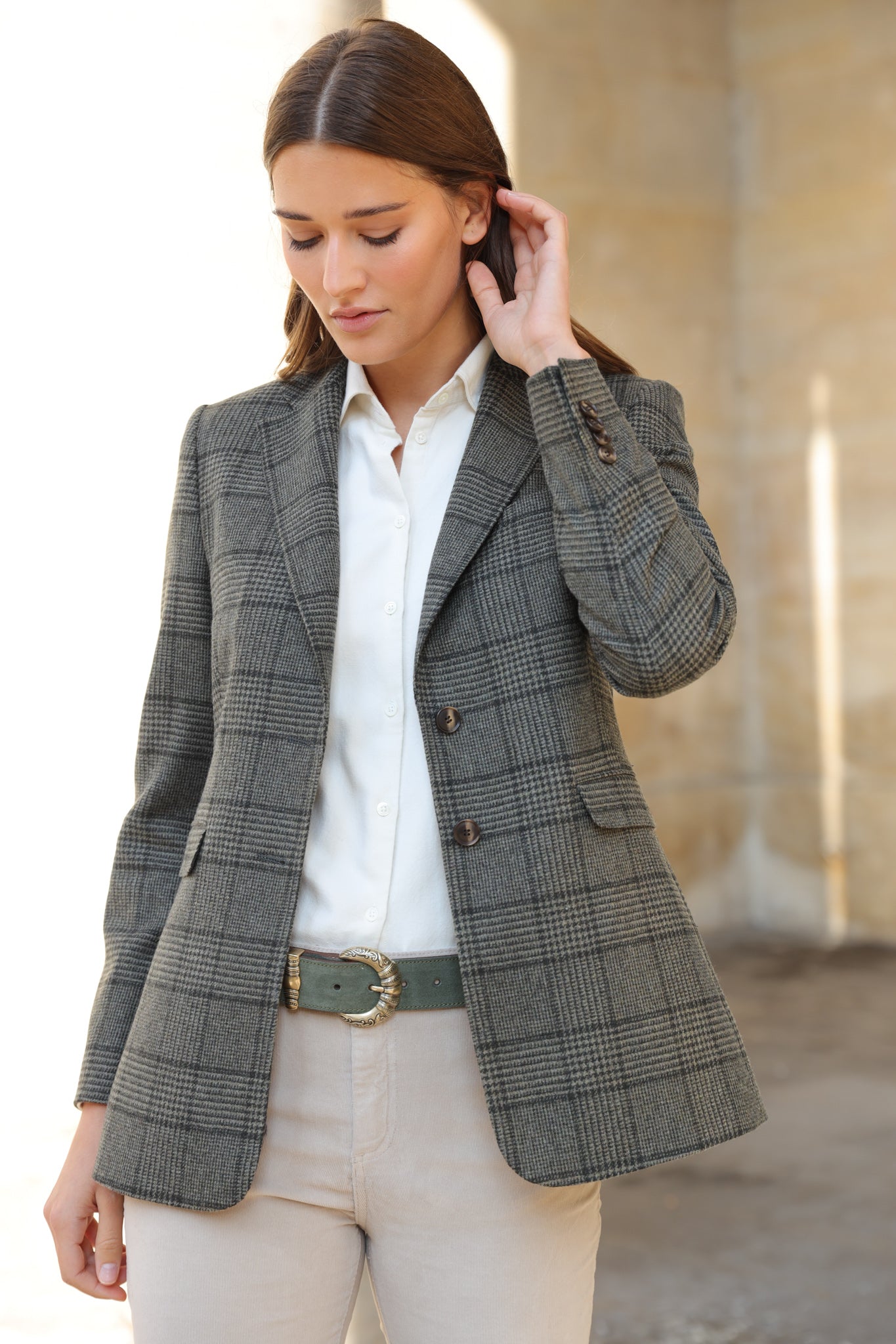 Veste Isabel en laine vierge - Prince de Galles Kaki-VESTE BLAZER FEMME-Curling-Paris