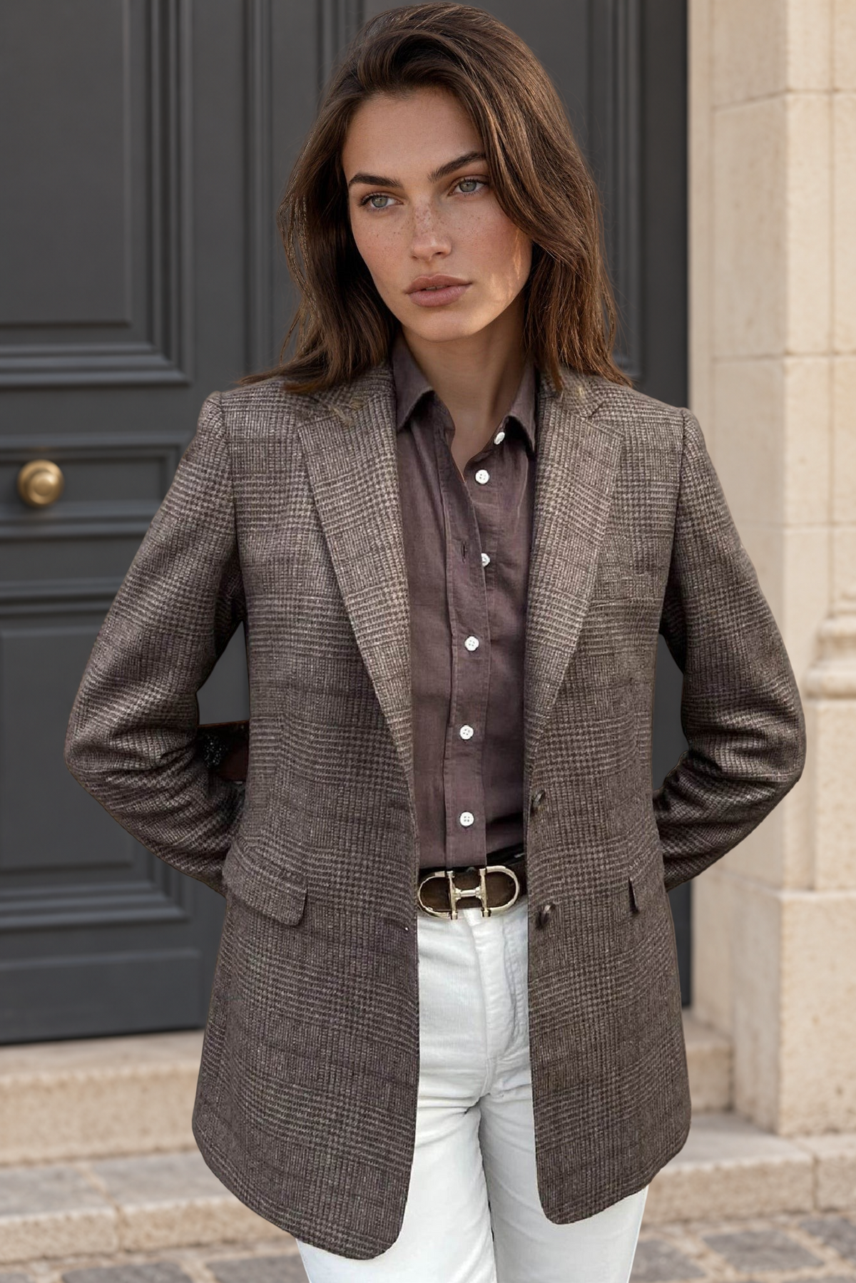 Veste Isabel en laine vierge - Prince de Galles Marron-VESTE BLAZER FEMME-Curling-Paris
