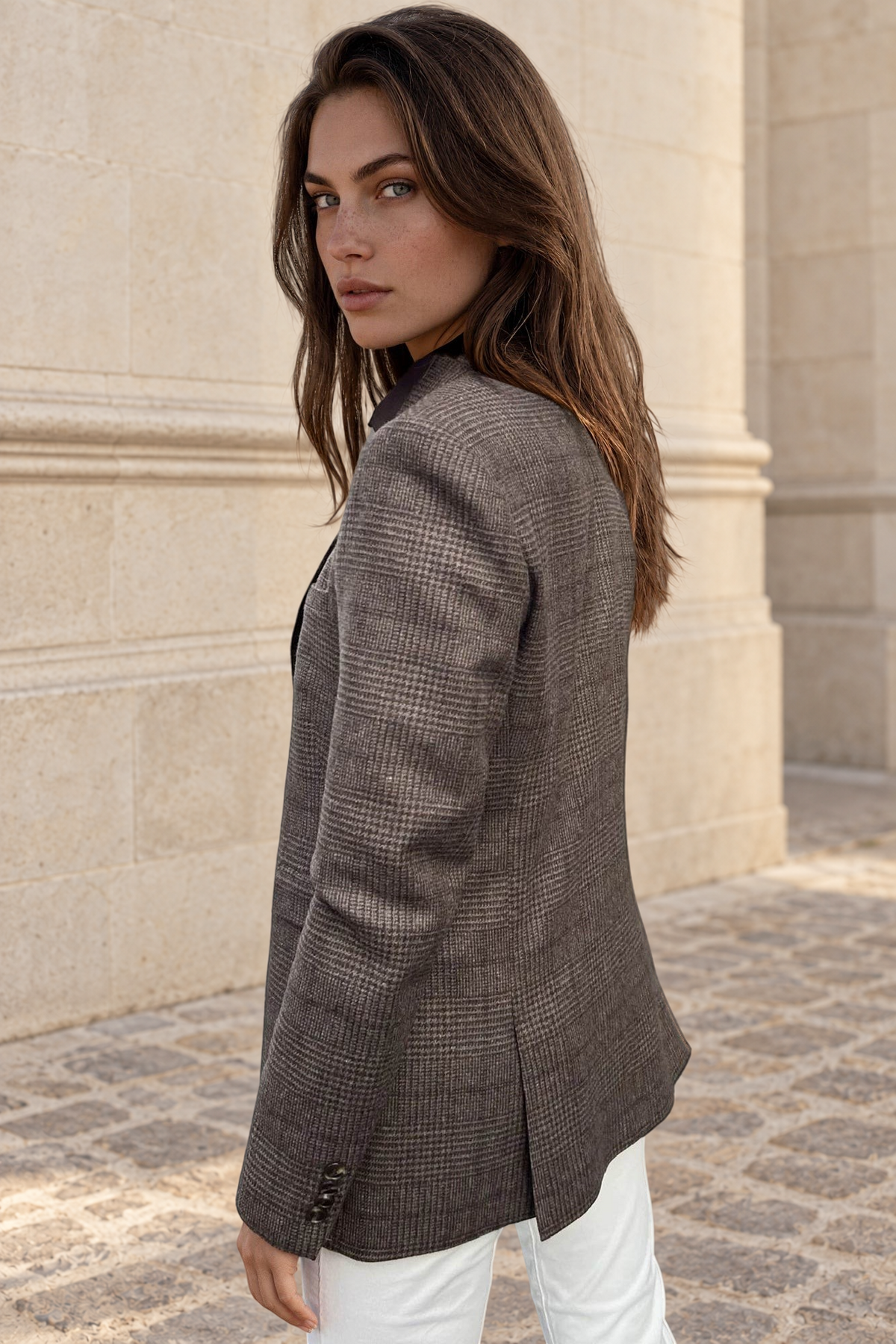 Veste Isabel en laine vierge - Prince de Galles Marron-VESTE BLAZER FEMME-Curling-Paris