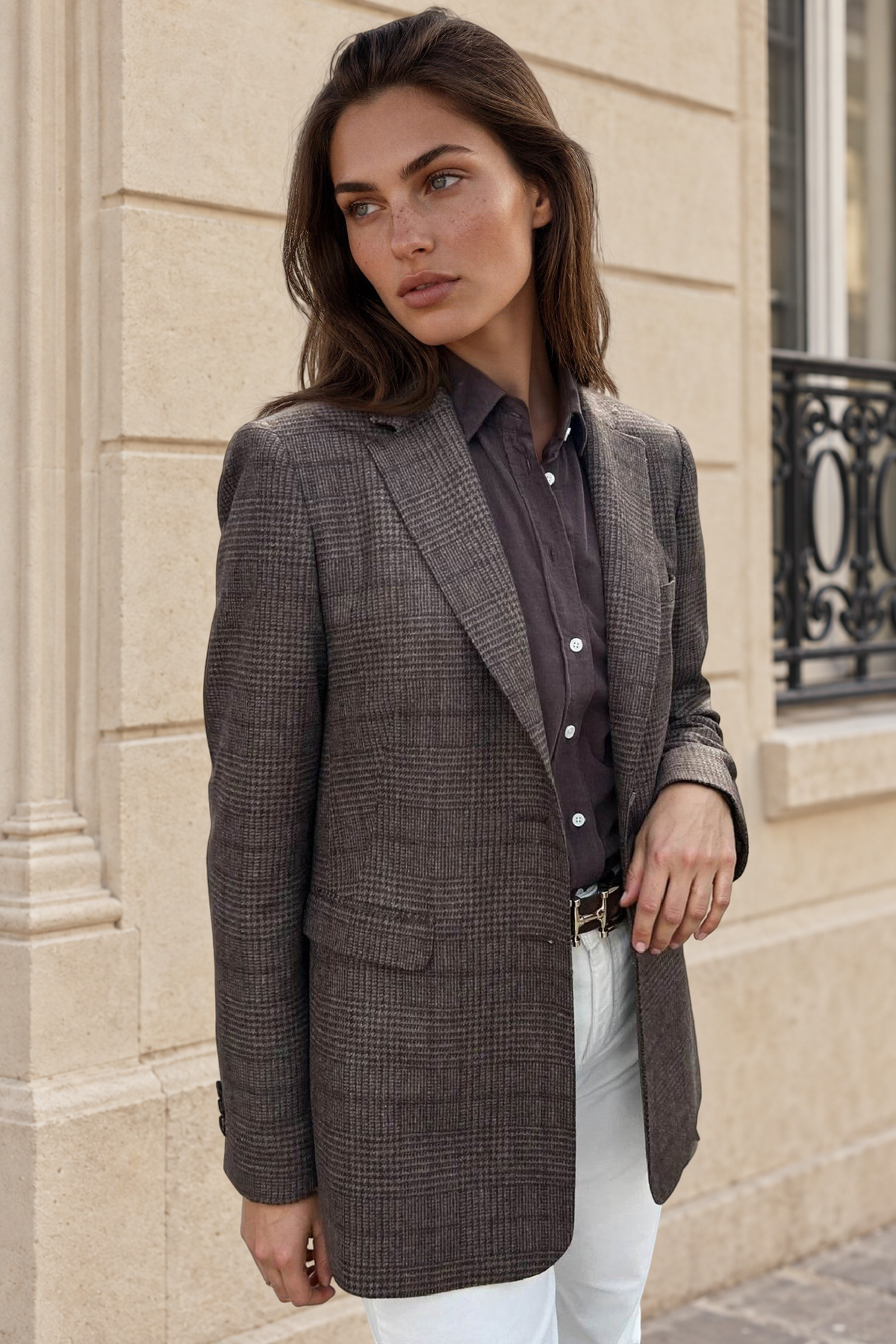 Veste Isabel en laine vierge - Prince de Galles Marron-VESTE BLAZER FEMME-Curling-Paris