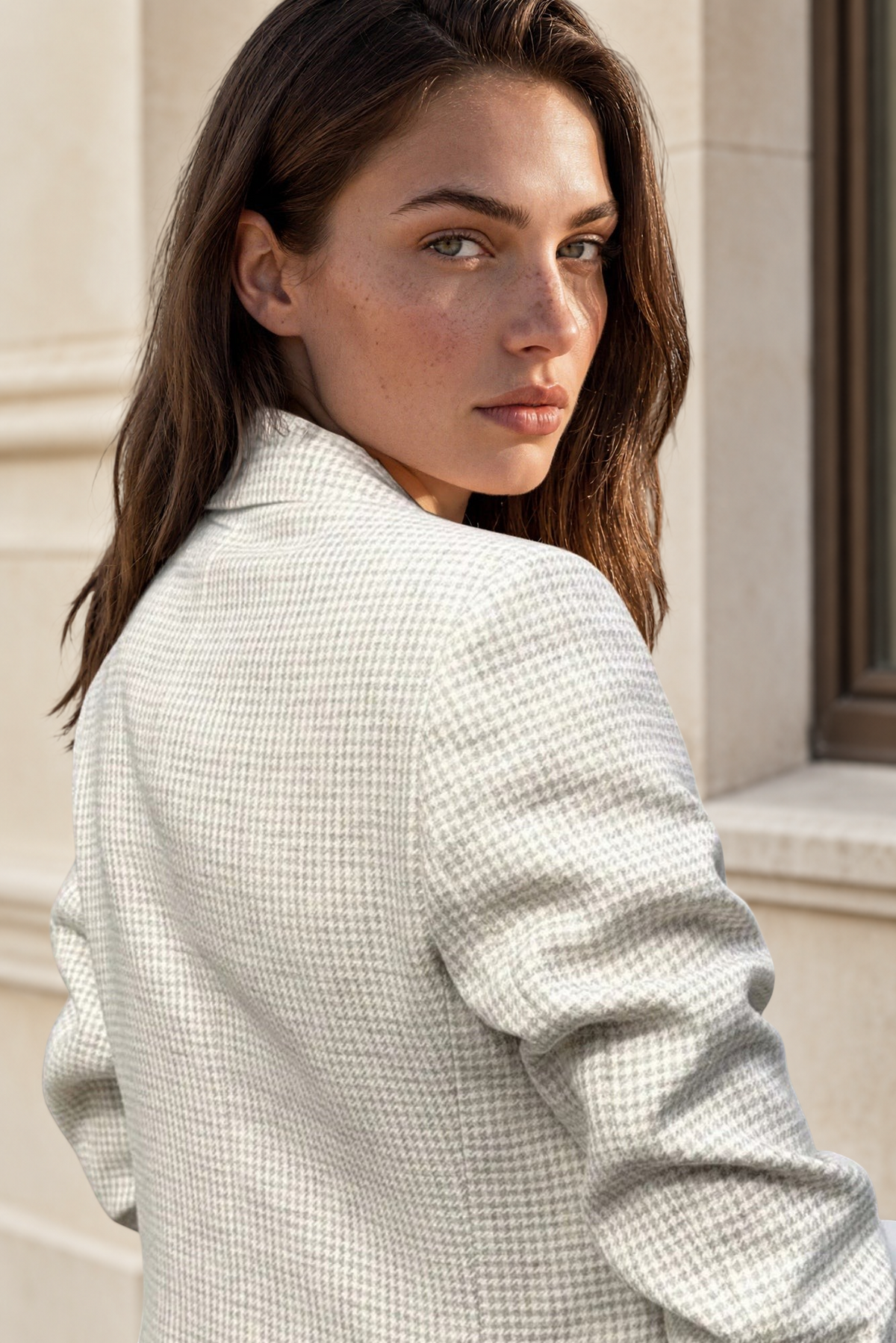 Veste Nathalie en laine, lin, soie et cachemire - Pied de poule beige écru-VESTE BLAZER FEMME-Curling-Paris