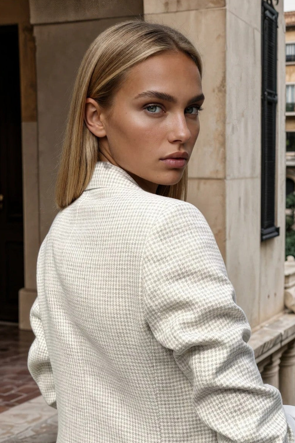 Veste Nathalie en laine, lin, soie et cachemire - Pied de poule beige écru-VESTE BLAZER FEMME-Curling-Paris
