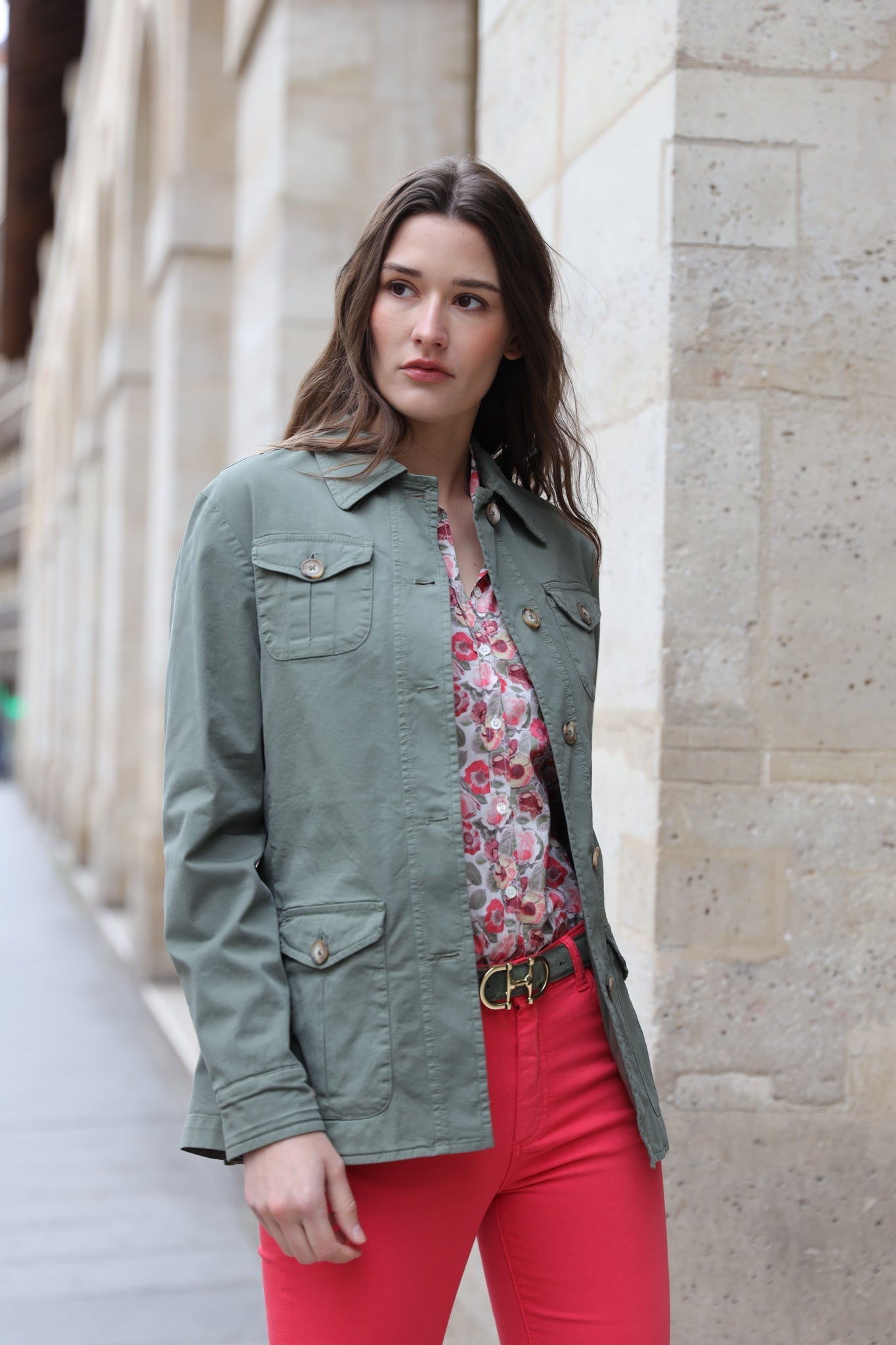 Veste Saharienne Louise en coton stretch - Kaki-VESTE BLAZER FEMME-Curling-Paris