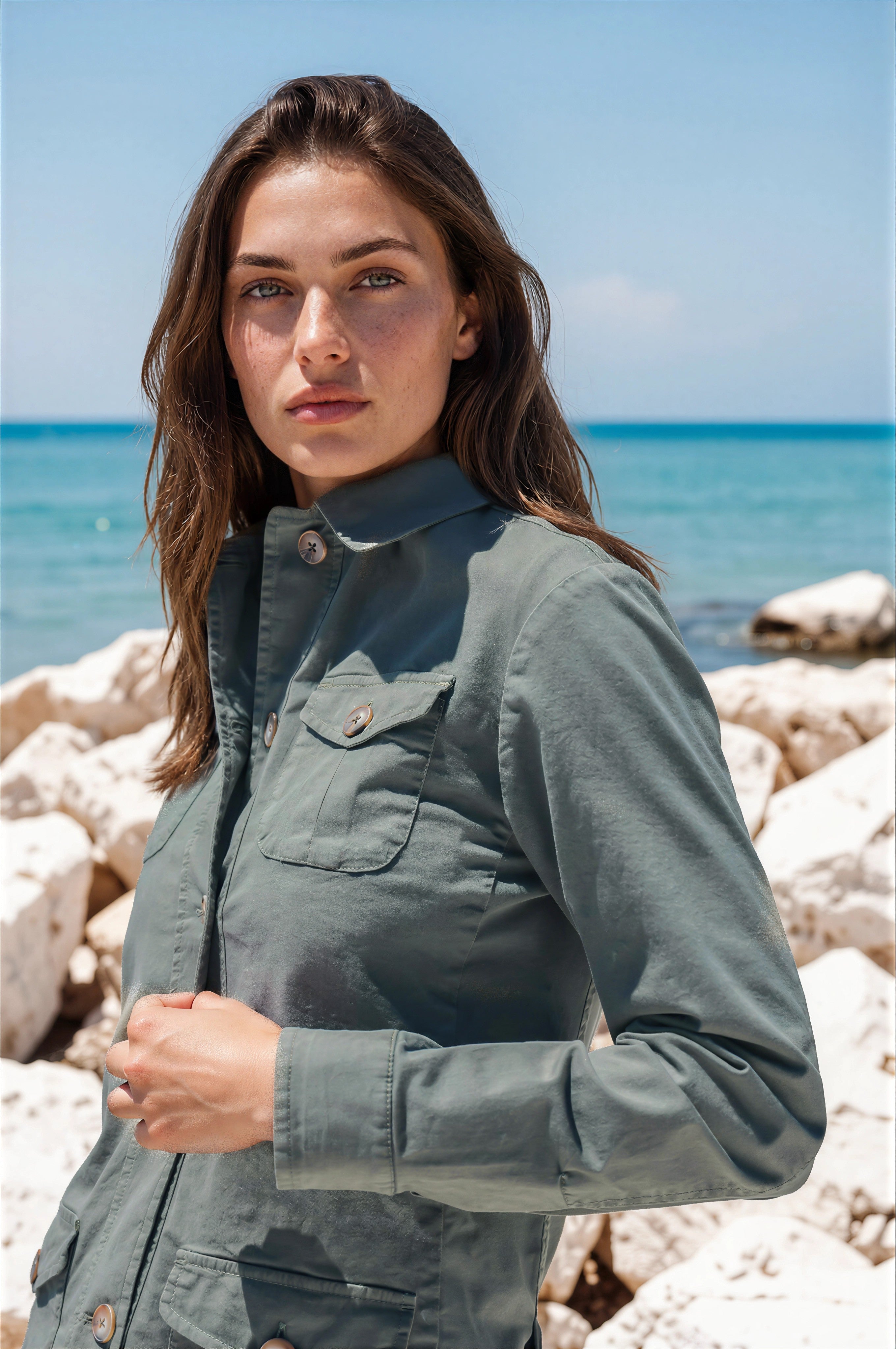 Veste Saharienne Louise en coton stretch - Kaki-VESTE BLAZER FEMME-Curling-Paris