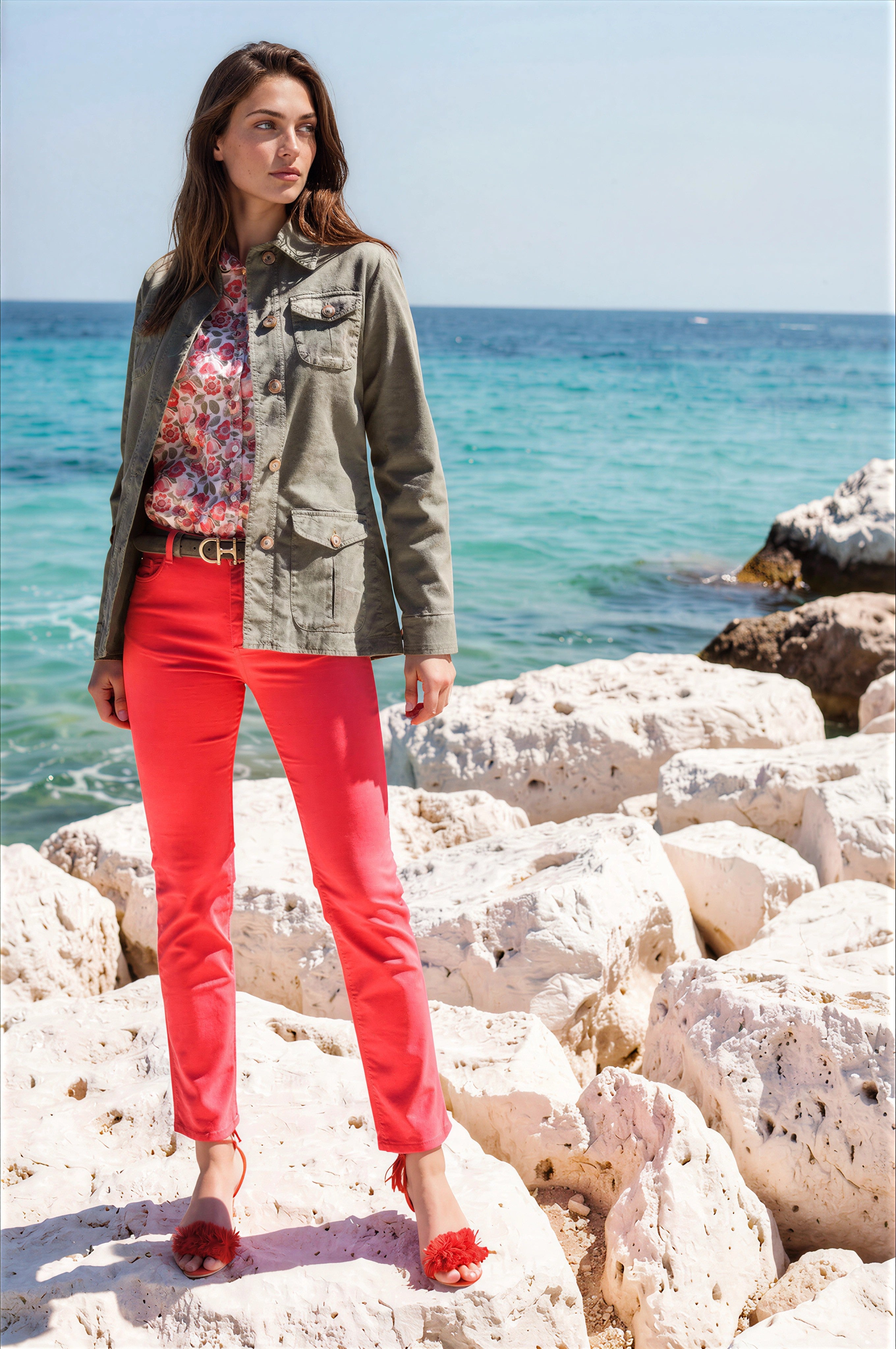 Veste Saharienne Louise en coton stretch - Kaki-VESTE BLAZER FEMME-Curling-Paris